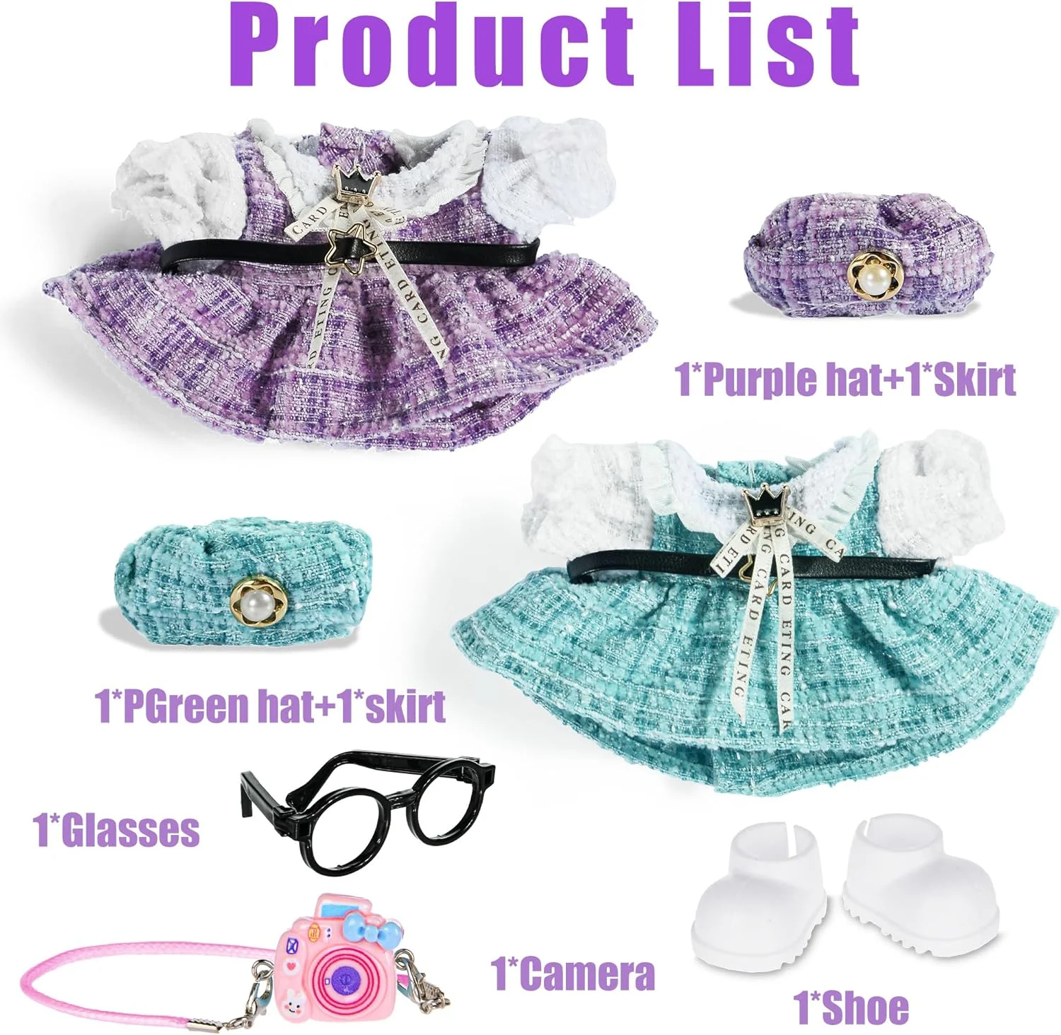 dollbie 2 ست لباس عروسک Kawaii برای عروسک های پولیشی 17 سانتی متری - ست لباس پوشیدنی جایگزین لباس شیک با کفش، عینک و کیف شانه ای دوربین مناسب عروسک های مینی 6.7 اینچی (بدون عروسک)