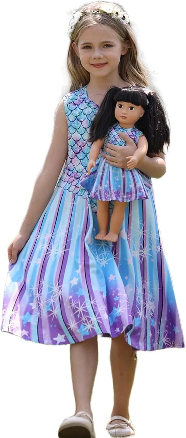 لباس دخترانه Bow Dream و لباس های عروسک دخترانه آمریکایی ست رنگین کمان پری دریایی تکشاخ سایز 130