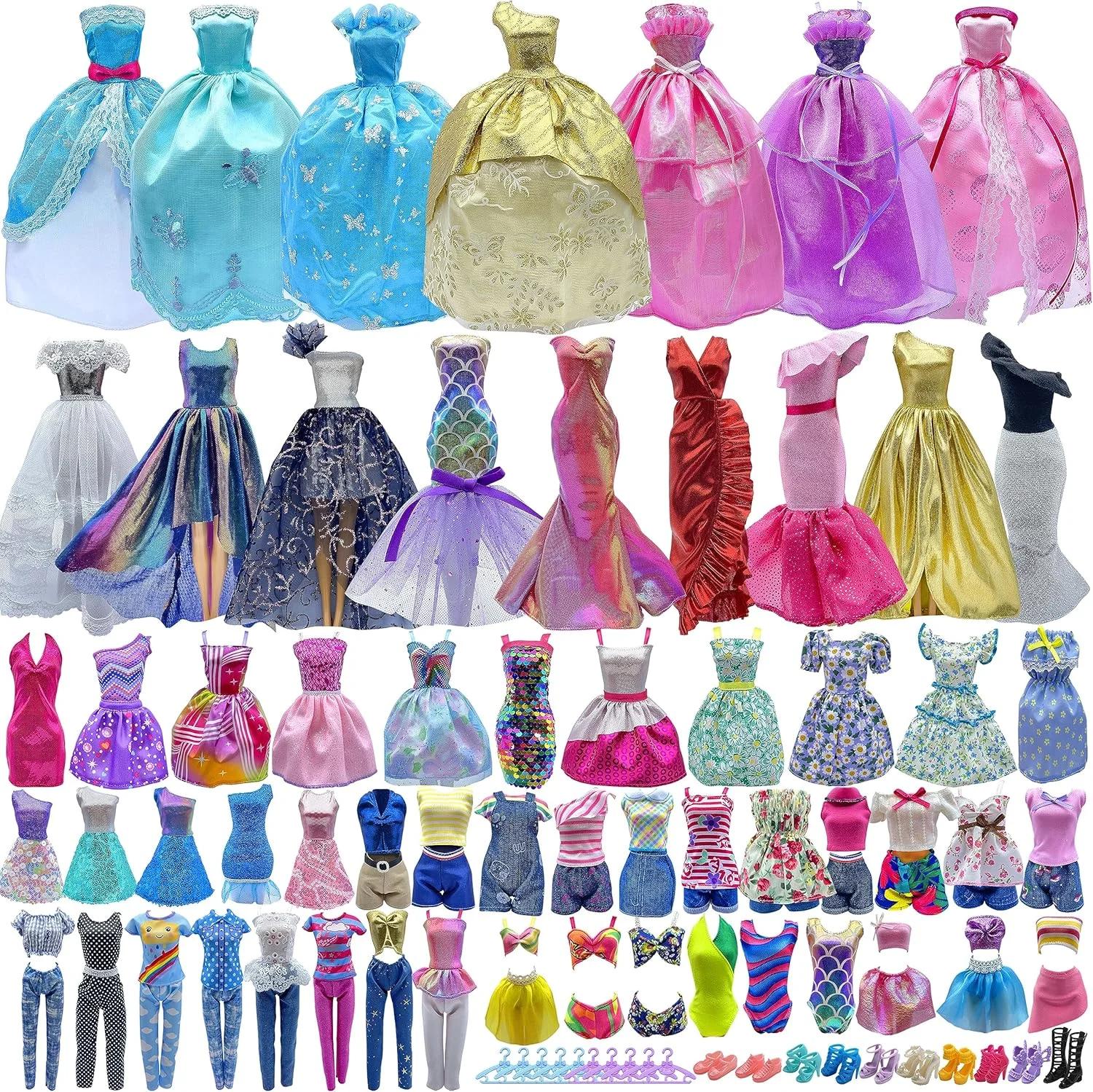ست هدیه لباس عروسک 60 تکه برای عروسک 11.5 اینچی و باربی: 4 لباس عروسی، 2 لباس شب، 8 لباس مد روز، 6 لباس غیر رسمی، 10 جفت کفش، 10 لوازم جانبی مد و 20 چوب لباسی.