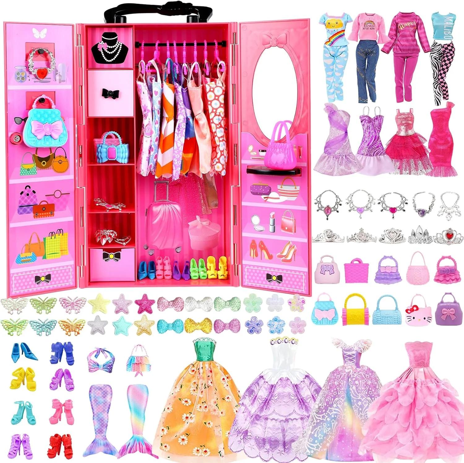 ست 98 تکه لباس و لوازم جانبی عروسک ZNTWEI با کمد لباس، مجموعه بازی DIY برای عروسک 11.5 اینچی شامل لباس عروسی، لباس مد روز، لباس غیر رسمی، لباس شنا، کفش، چوب لباسی، گردنبند و کیف