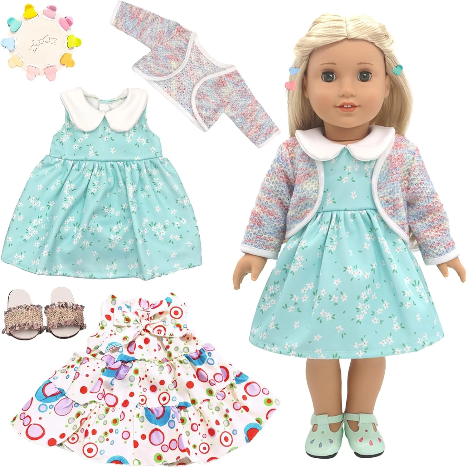 ست 2 عددی لباس عروسک زیبا و لوازم جانبی عروسک برای عروسک های دخترانه 35-43 سانتی متری، دامن پیشبندی تابستانی، کت، لباس آبی، دمپایی، گیره سر، لباس عروسک 43 سانتی متری، ست هدیه برای کودکان