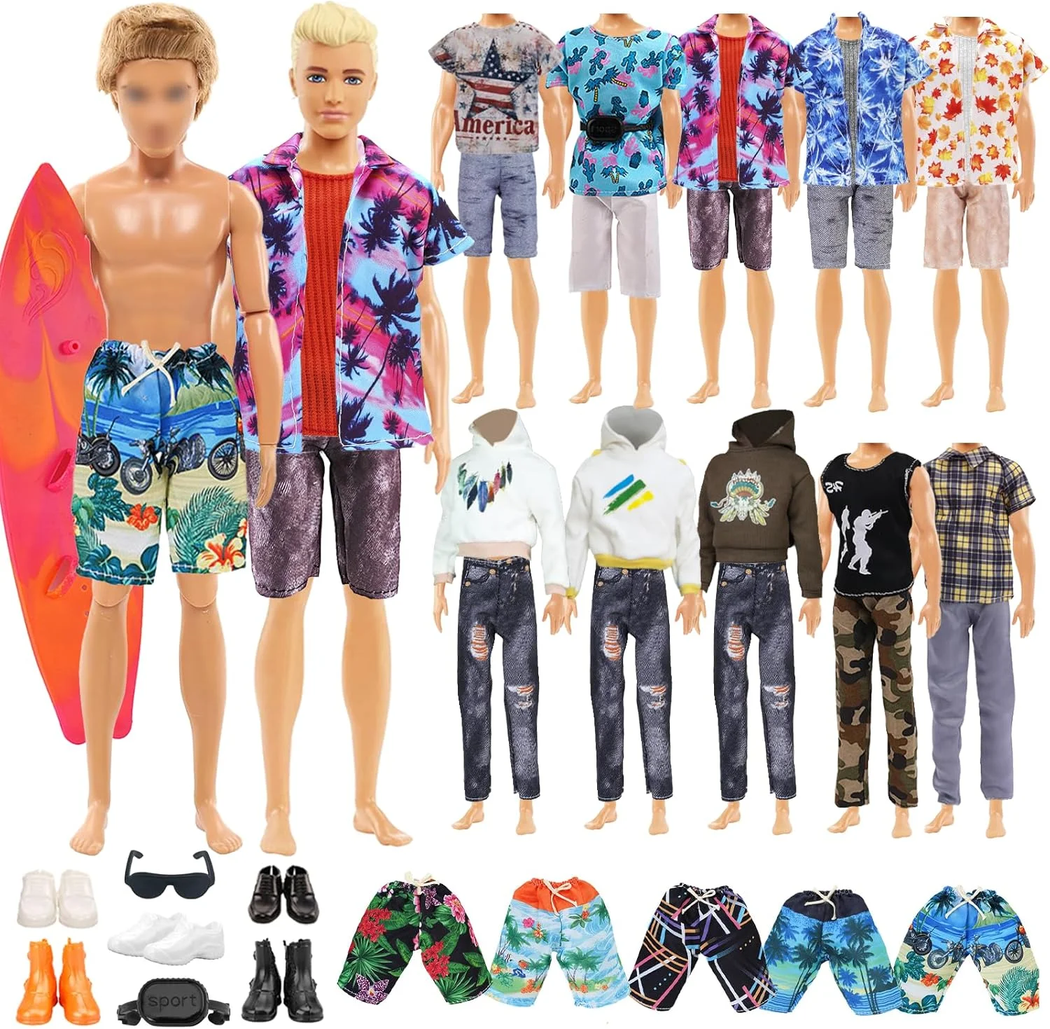 22 تکه لباس و اکسسوری مد تابستانی سازگار با عروسک های کن 12 اینچی، شامل 7 لباس، 7 شلوار، 5 جفت کفش، 1 تخته موج سواری، 1 عینک، 1 کیف، 7 ست لباس، لباس ورزشی ساحلی