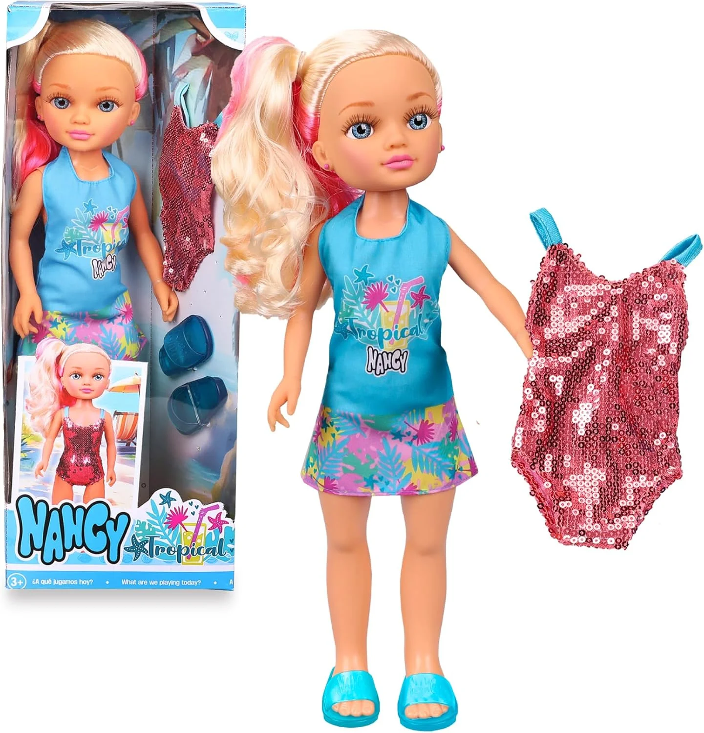 ست تابستانی عروسک نانسی تروپیکال، شامل یک مایو پولک‌دار و صندل، مناسب برای سنین 3 سال به بالا، برند Famous (NAC93000)