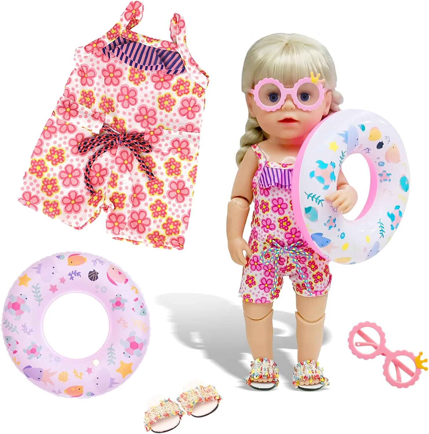 ست لباس شنای عروسک WanderGo، ست شنای رنگارنگ 4 تکه برای عروسک های 30 تا 45 سانتی متری، لوازم جانبی تابستانی با عینک آفتابی، حلقه شنا و کفش