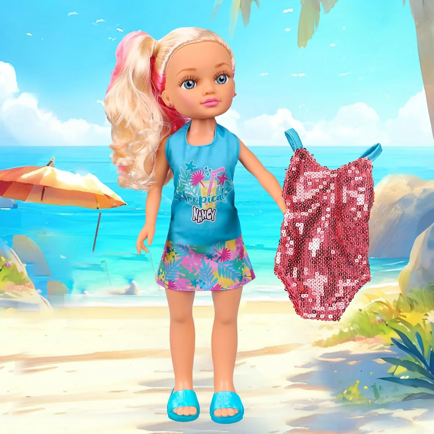 ست تابستانی عروسک نانسی تروپیکال، شامل یک مایو پولکدار و صندل، مناسب برای سنین 3 سال به بالا، برند Famous (NAC93000) ست تابستانی عروسک نانسی تروپیکال، شامل یک مایو پولکدار و صندل، مناسب برای سنین 3 سال به بالا، برند Famous (NAC93000)