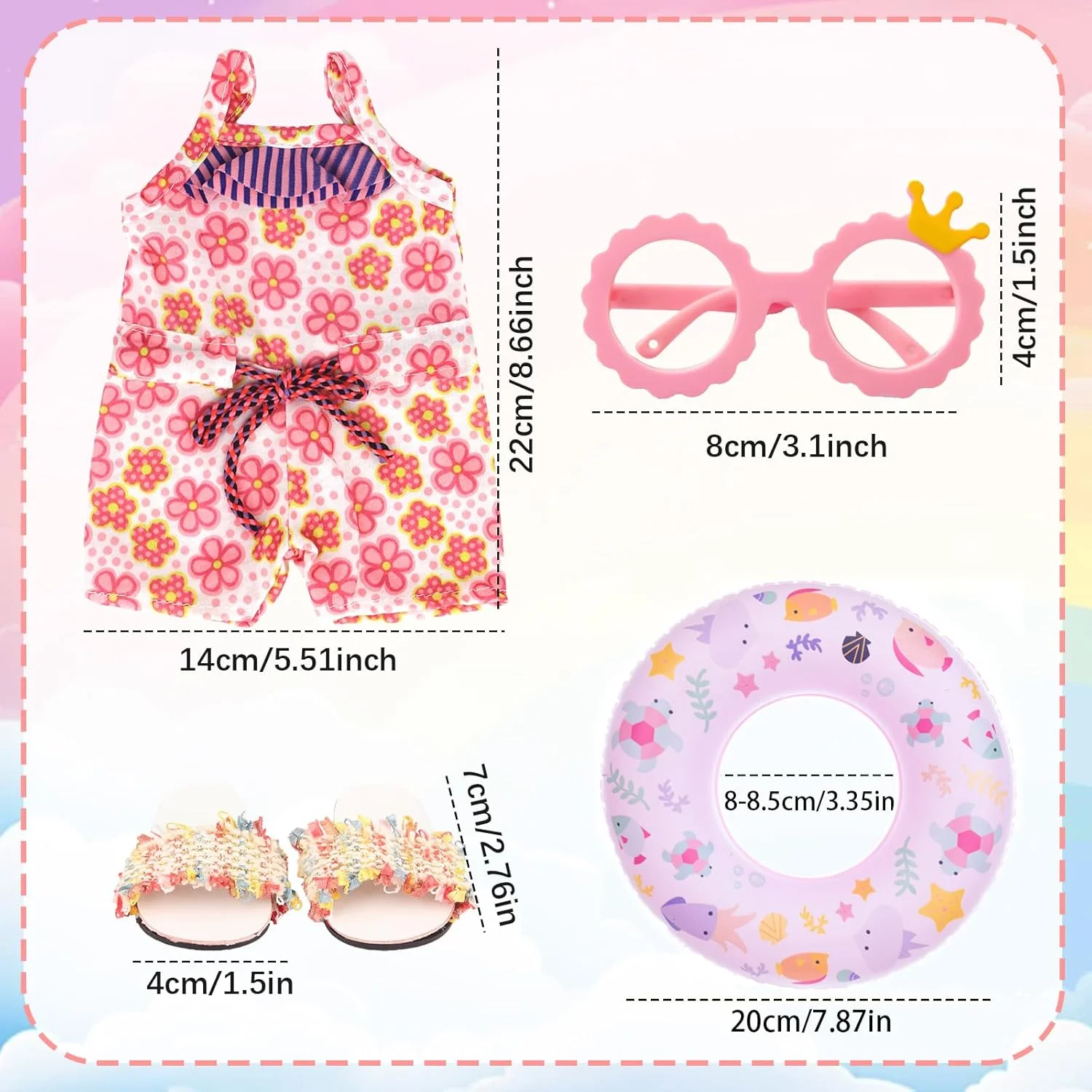 ست لباس شنای عروسک WanderGo، ست شنای رنگارنگ 4 تکه برای عروسک های 30 تا 45 سانتی متری، لوازم جانبی تابستانی با عینک آفتابی، حلقه شنا و کفش