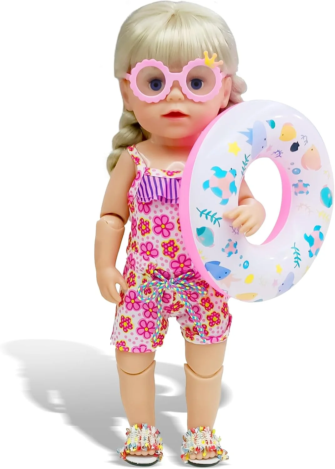 ست لباس شنای عروسک WanderGo، ست شنای رنگارنگ 4 تکه برای عروسک های 30 تا 45 سانتی متری، لوازم جانبی تابستانی با عینک آفتابی، حلقه شنا و کفش