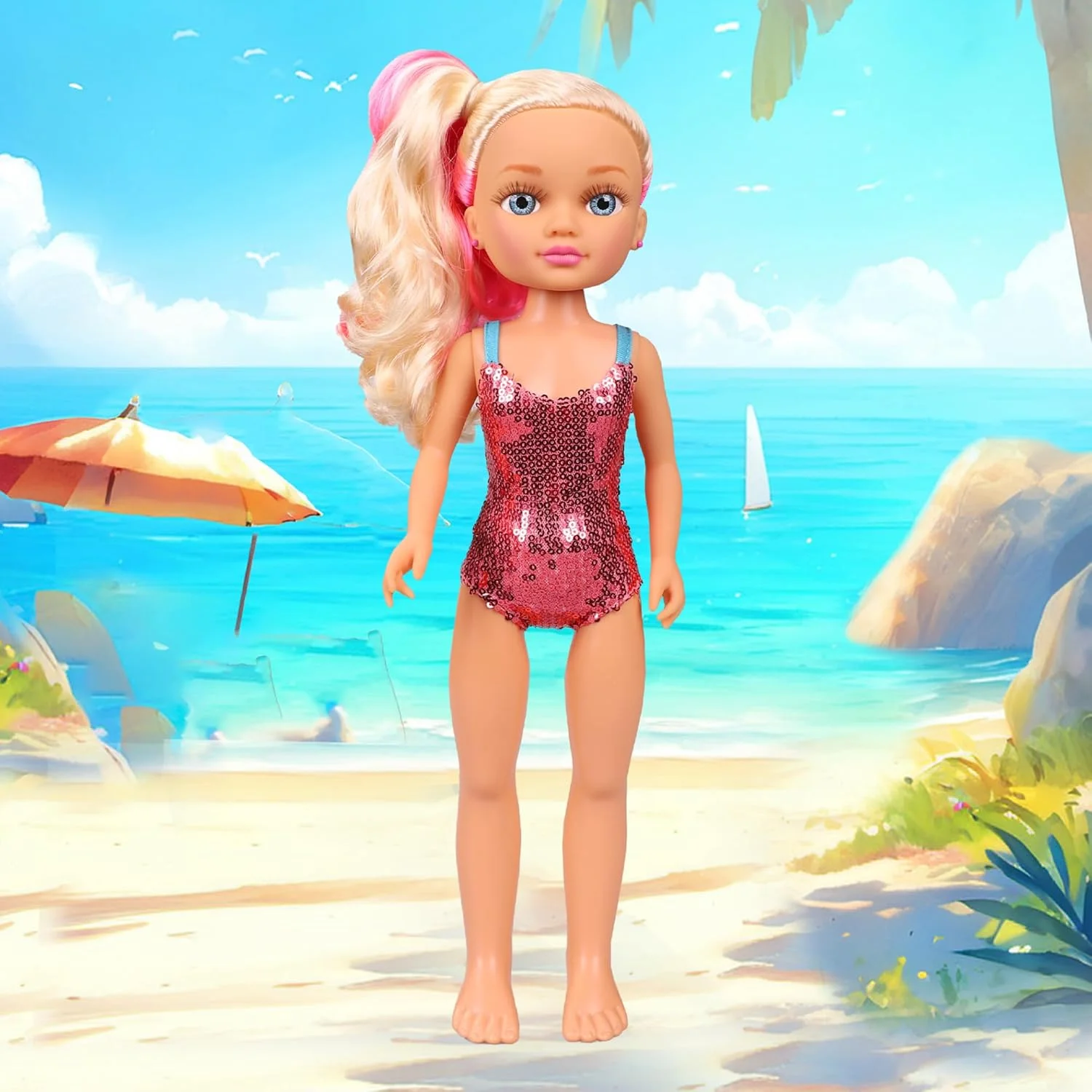 ست تابستانی عروسک نانسی تروپیکال، شامل یک مایو پولکدار و صندل، مناسب برای سنین 3 سال به بالا، برند Famous (NAC93000) ست تابستانی عروسک نانسی تروپیکال، شامل یک مایو پولکدار و صندل، مناسب برای سنین 3 سال به بالا، برند Famous (NAC93000)