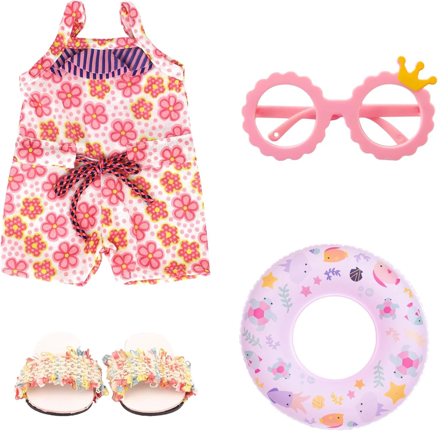 ست لباس شنای عروسک WanderGo، ست شنای رنگارنگ 4 تکه برای عروسک های 30 تا 45 سانتی متری، لوازم جانبی تابستانی با عینک آفتابی، حلقه شنا و کفش
