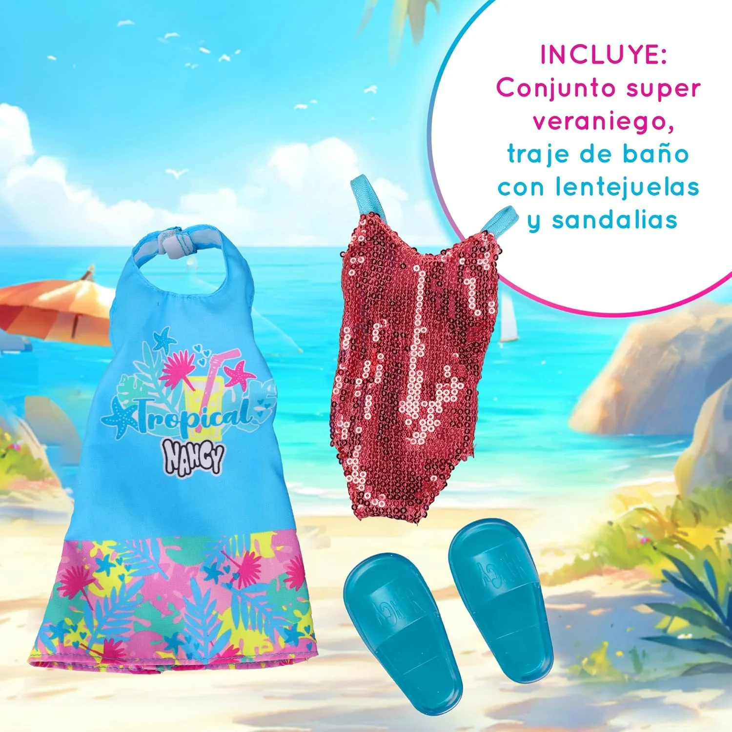 ست تابستانی عروسک نانسی تروپیکال، شامل یک مایو پولکدار و صندل، مناسب برای سنین 3 سال به بالا، برند Famous (NAC93000) ست تابستانی عروسک نانسی تروپیکال، شامل یک مایو پولکدار و صندل، مناسب برای سنین 3 سال به بالا، برند Famous (NAC93000)