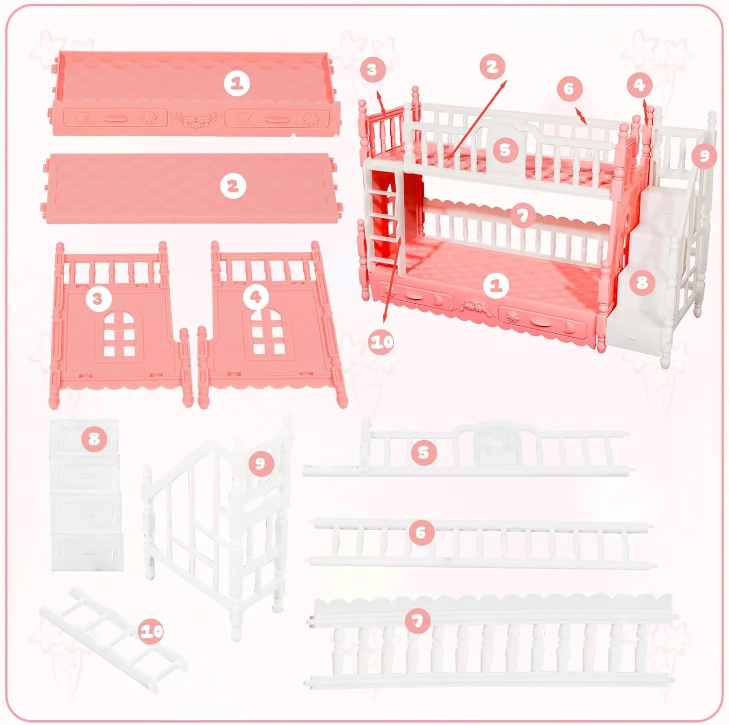 ست 50 عددی خانه عروسکی شامل 18 لباس و لوازم جانبی، تخت خواب دو طبقه کوچک، چمدان مسافرتی با 2 بالش، 10 چوب لباسی، 1 عینک آفتابی، 1 هدست، ست کامپیوتر صورتی ست 50 عددی خانه عروسکی شامل 18 لباس و لوازم جانبی، تخت خواب دو طبقه کوچک، چمدان مسافرتی با 2 بالش، 10 چوب لباسی، 1 عینک آفتابی، 1 هدست، ست کامپیوتر صورتی