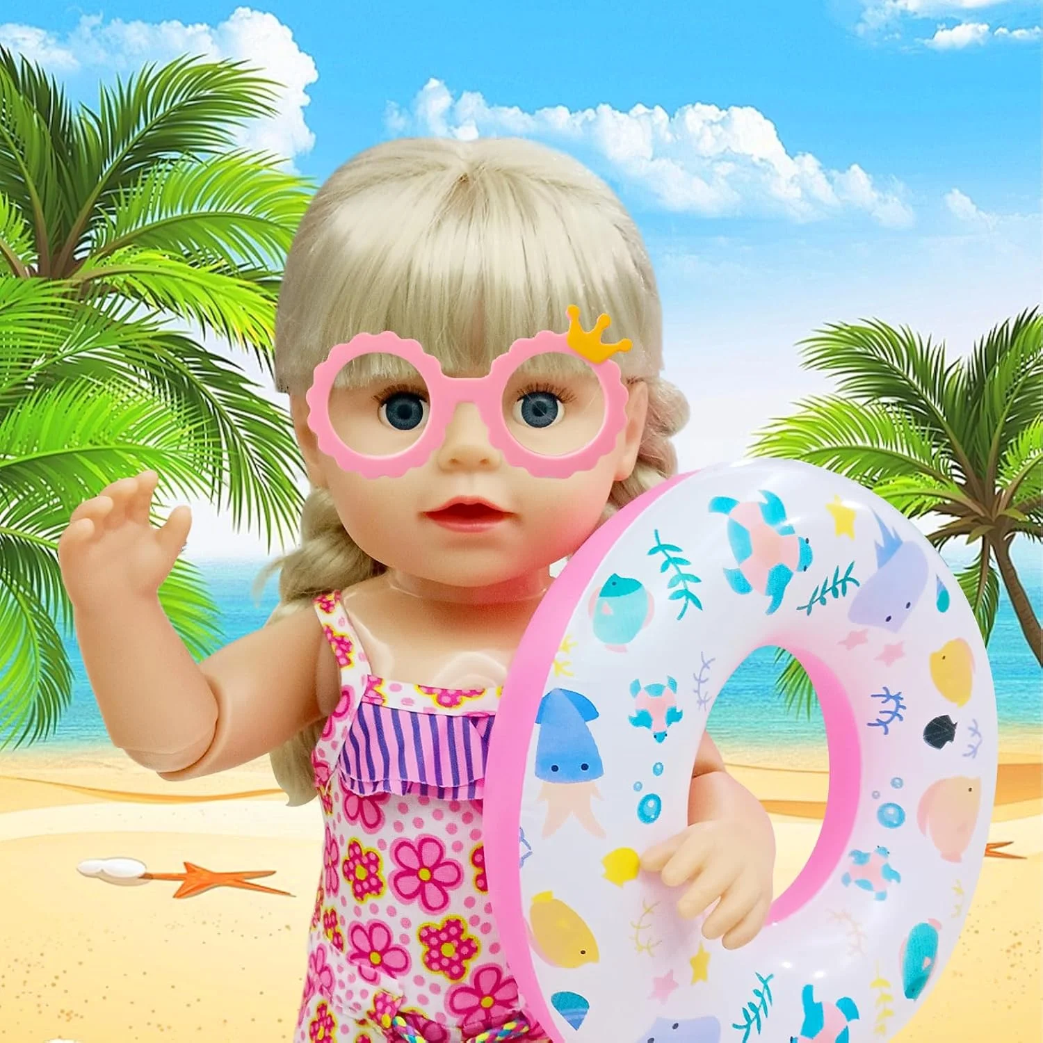 ست لباس شنای عروسک WanderGo، ست شنای رنگارنگ 4 تکه برای عروسک های 30 تا 45 سانتی متری، لوازم جانبی تابستانی با عینک آفتابی، حلقه شنا و کفش