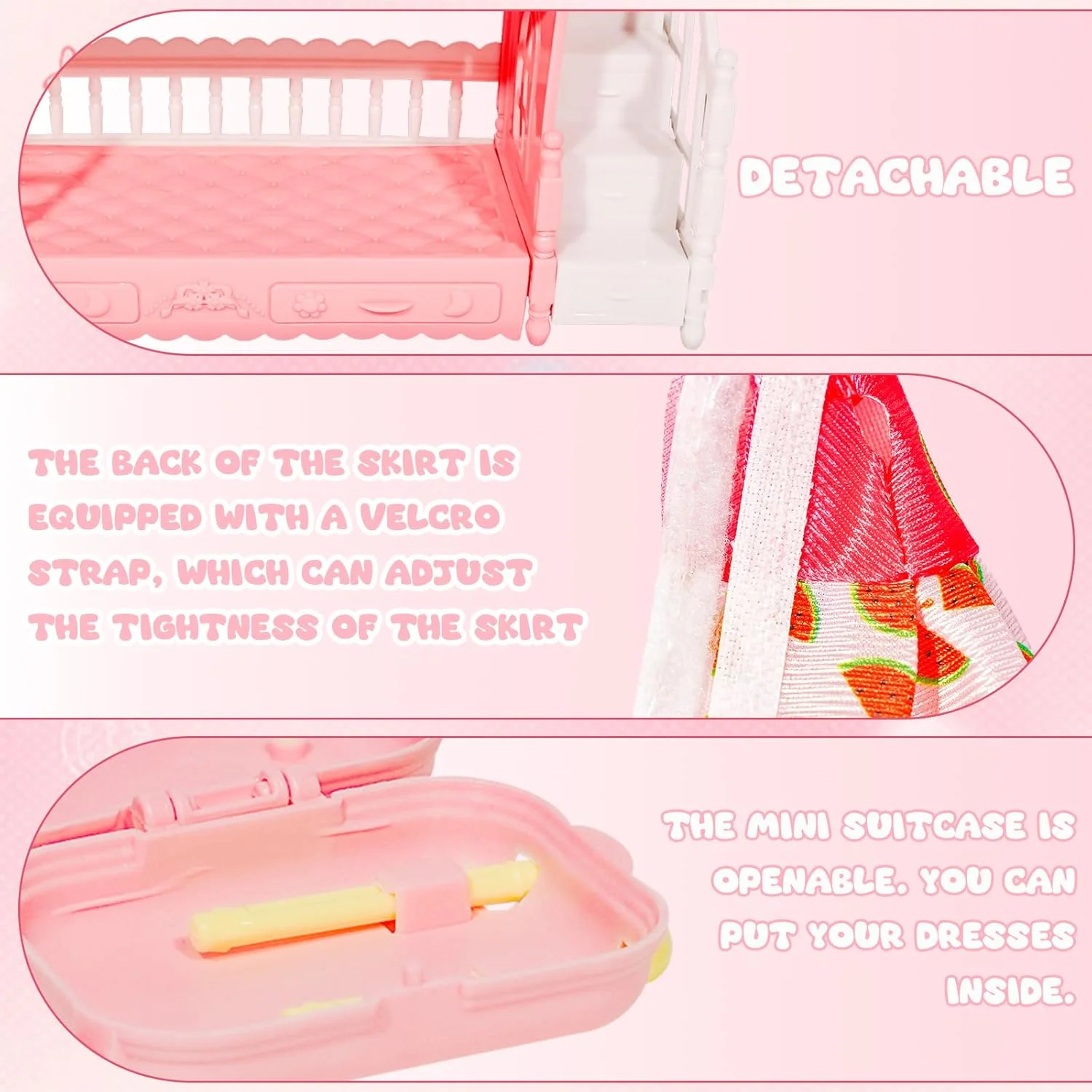 ست 50 عددی خانه عروسکی شامل 18 لباس و لوازم جانبی، تخت خواب دو طبقه کوچک، چمدان مسافرتی با 2 بالش، 10 چوب لباسی، 1 عینک آفتابی، 1 هدست، ست کامپیوتر صورتی ست 50 عددی خانه عروسکی شامل 18 لباس و لوازم جانبی، تخت خواب دو طبقه کوچک، چمدان مسافرتی با 2 بالش، 10 چوب لباسی، 1 عینک آفتابی، 1 هدست، ست کامپیوتر صورتی