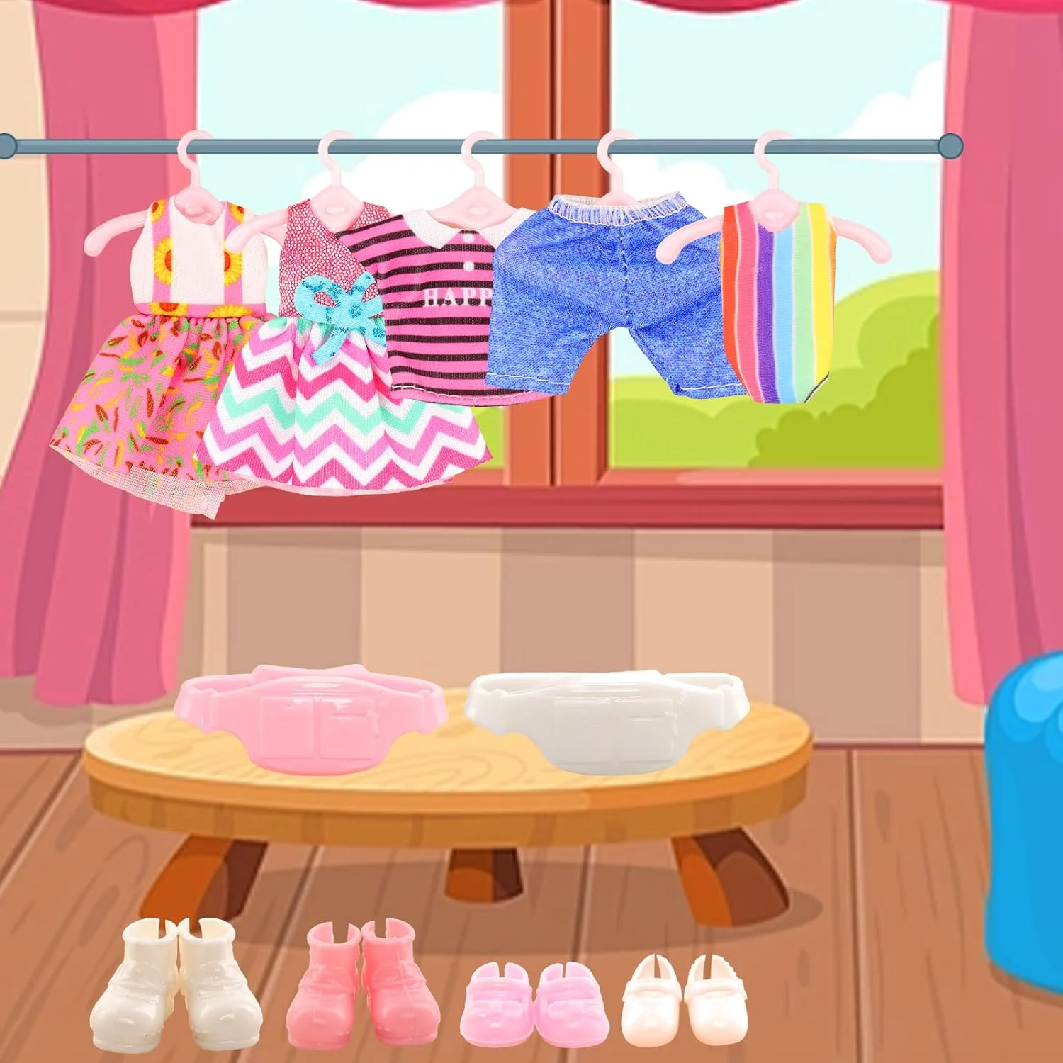 بسته 34 عددی لباس و لوازم جانبی عروسک های 5.3 اینچی شامل 4 لباس، 4 تاپ، 4 شلوار، 4 مایو، 4 کفش، 2 جیب، 2 کلاه، 5 چوب لباسی با 9 لوازم جانبی برای ست لباس عروسک های 5.3 تا 6 اینچی بسته 34 عددی لباس و لوازم جانبی عروسک های 5.3 اینچی شامل 4 لباس، 4 تاپ، 4 شلوار، 4 مایو، 4 کفش، 2 جیب، 2 کلاه، 5 چوب لباسی با 9 لوازم جانبی برای ست لباس عروسک های 5.3 تا 6 اینچی