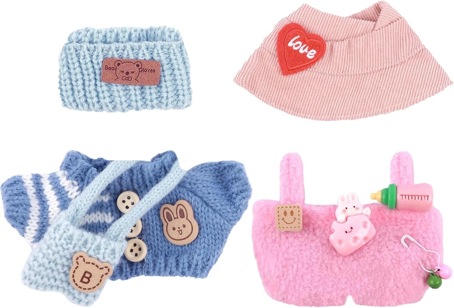 دو ست لباس برای عروسک، 5 عدد لوازم جانبی برای عروسک 17 سانتی متری، لباس کلاه بافتنی+تی شرت+کیف، کلاه آفتابی+شلوار پیش بندی