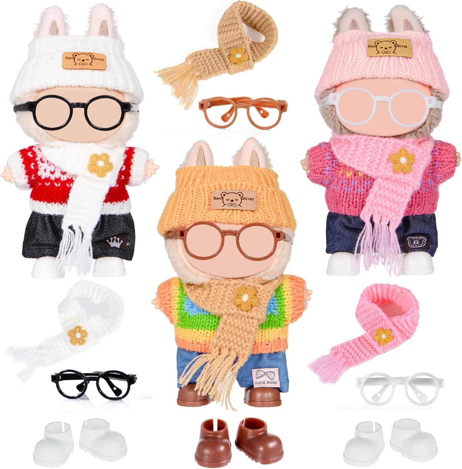 مجموعه 3 عددی لباس و لوازم جانبی بافتنی عروسک مناسب عروسک های 17 سانتی متری شامل: 3 کلاه، 3 ژاکت، 3 شلوار، 3 شال گردن، 3 عینک و 3 جفت کفش (عروسک شامل نمی شود)