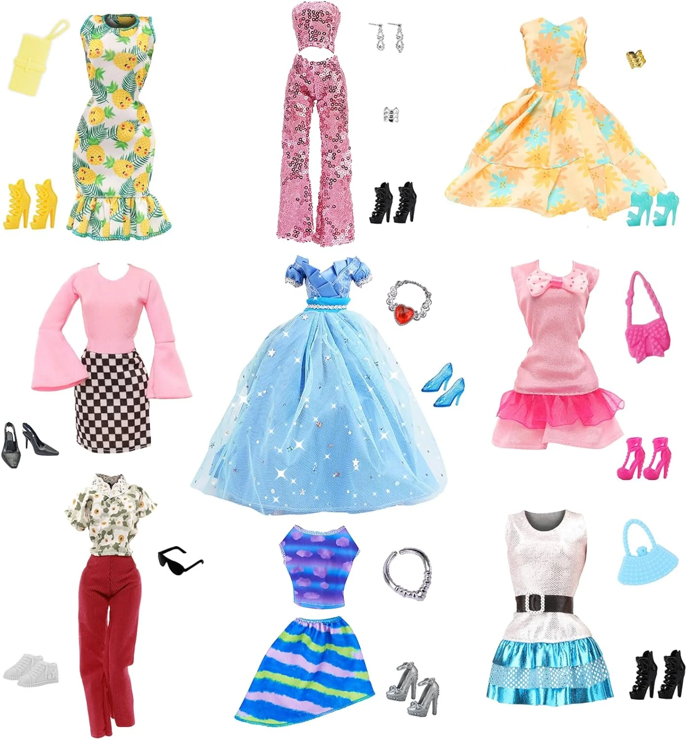26 تکه لباس و لوازم جانبی عروسک سازگار با باربی، سبک مد روز، 1 لباس شب آبی، 1 کت و شلوار پولک دار صورتی، 1 دامن چهارخانه شیک، 1 دامن آیدل آبی، 4 لباس، 1 کت و شلوار گلدار برای عروسک 11.5 اینچی