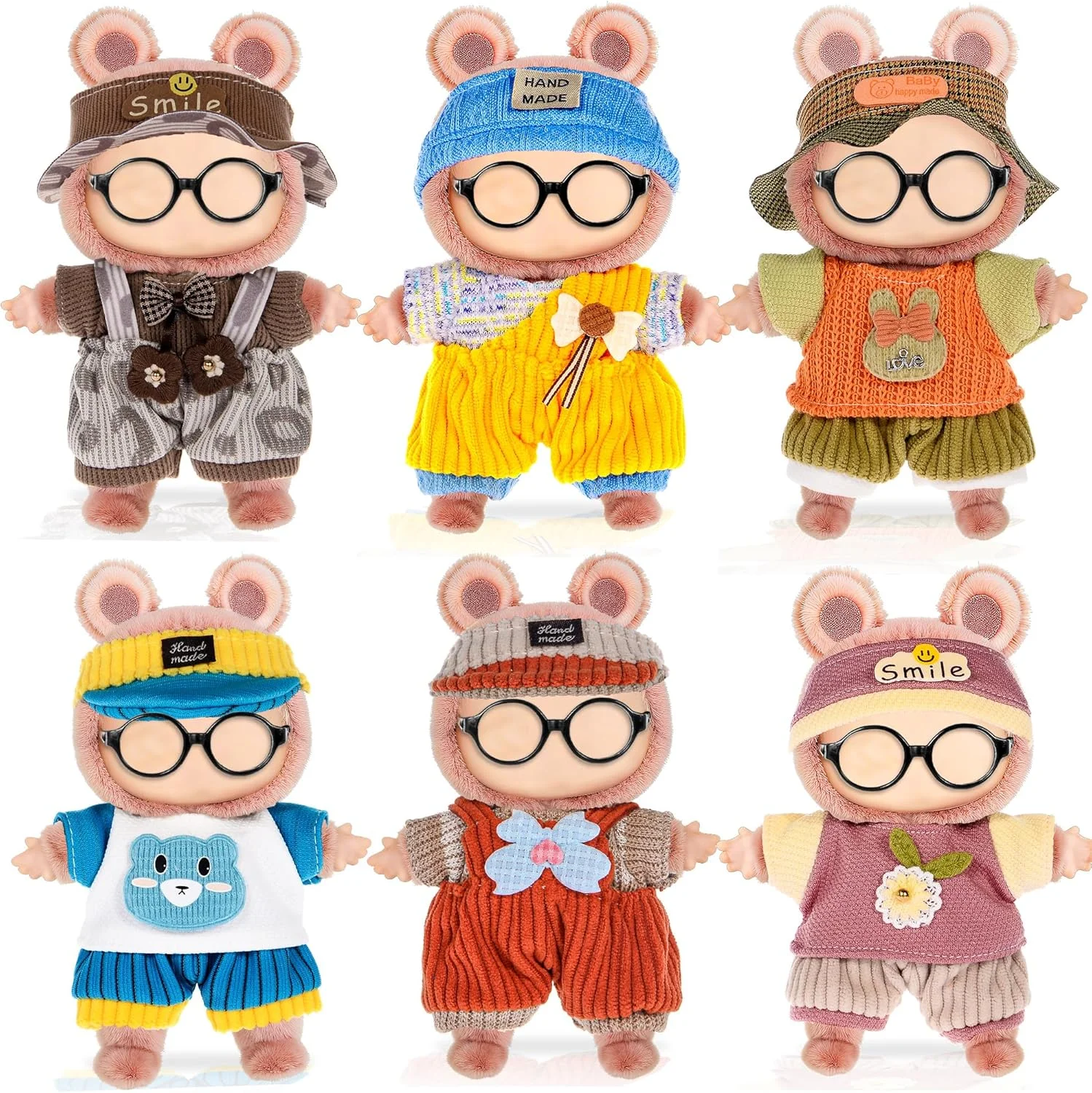 مجموعه 6 عددی لباس عروسک با لوازم جانبی برای عروسک های 17 سانتی متری شامل: 6 کلاه، 6 تاپ، 6 شلوار - لباس نرم و شیک (عروسک شامل نمی شود)