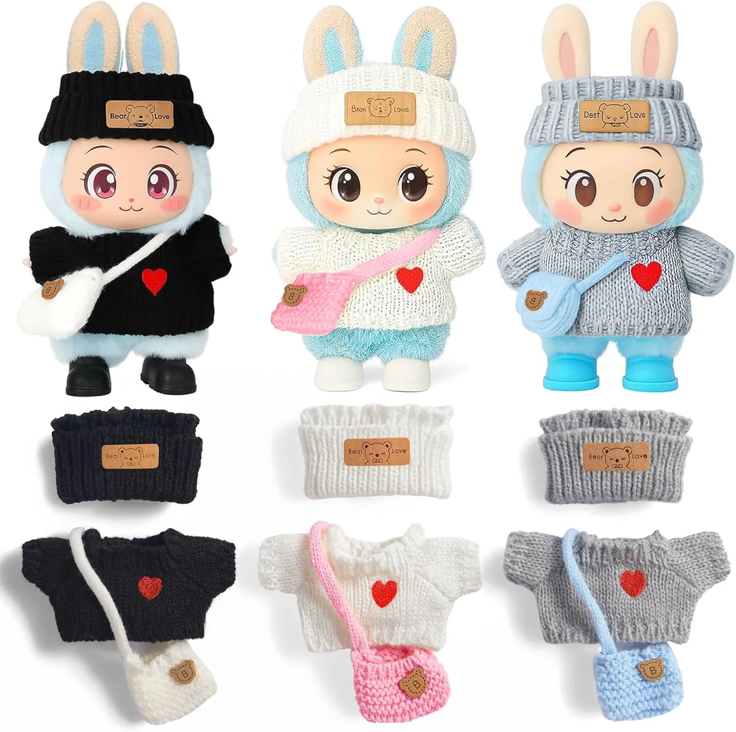 3 ست لباس بافتنی عروسک، ست لوازم جانبی برای عروسک های 17 سانتی متری شامل: 3 عدد ژاکت، 3 عدد کلاه، 3 عدد کیف (عروسک شامل نمی شود)
