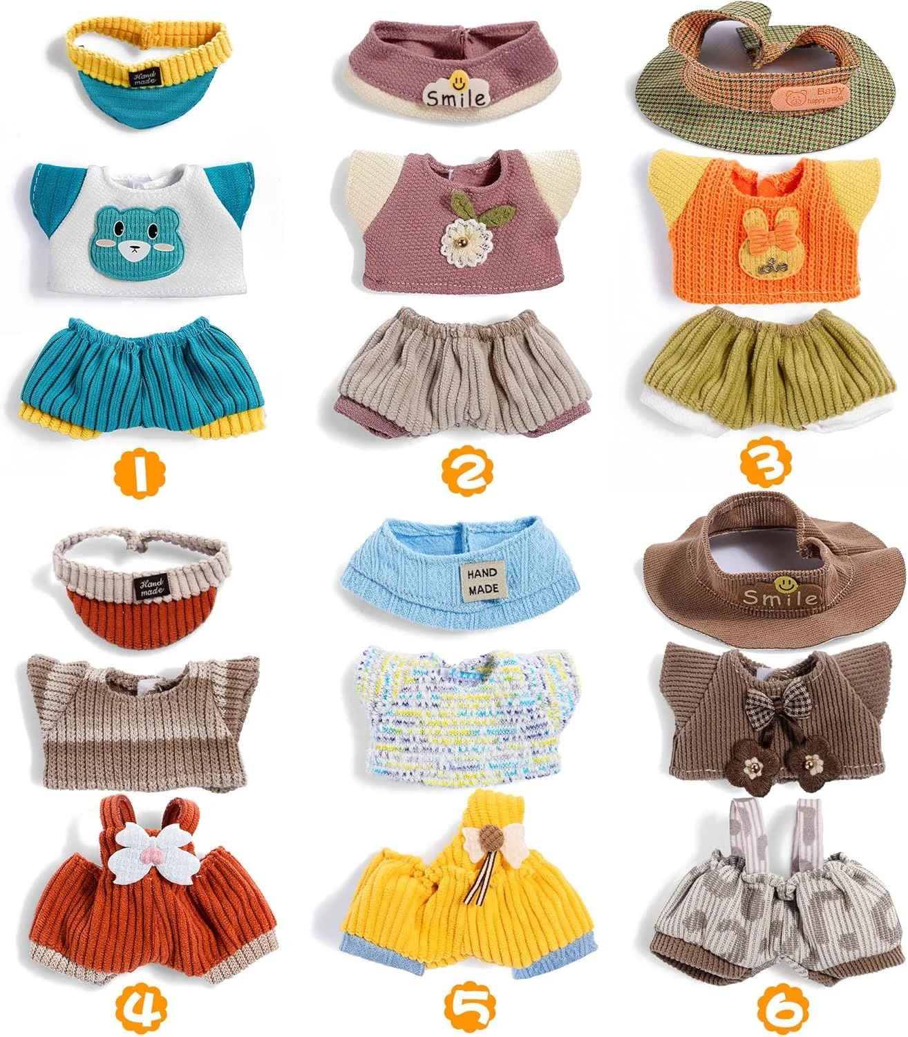 مجموعه 6 عددی لباس عروسک با لوازم جانبی برای عروسک های 17 سانتی متری شامل: 6 کلاه، 6 تاپ، 6 شلوار - لباس نرم و شیک (عروسک شامل نمی شود) مجموعه 6 عددی لباس عروسک با لوازم جانبی برای عروسک های 17 سانتی متری شامل: 6 کلاه، 6 تاپ، 6 شلوار - لباس نرم و شیک (عروسک شامل نمی شود)