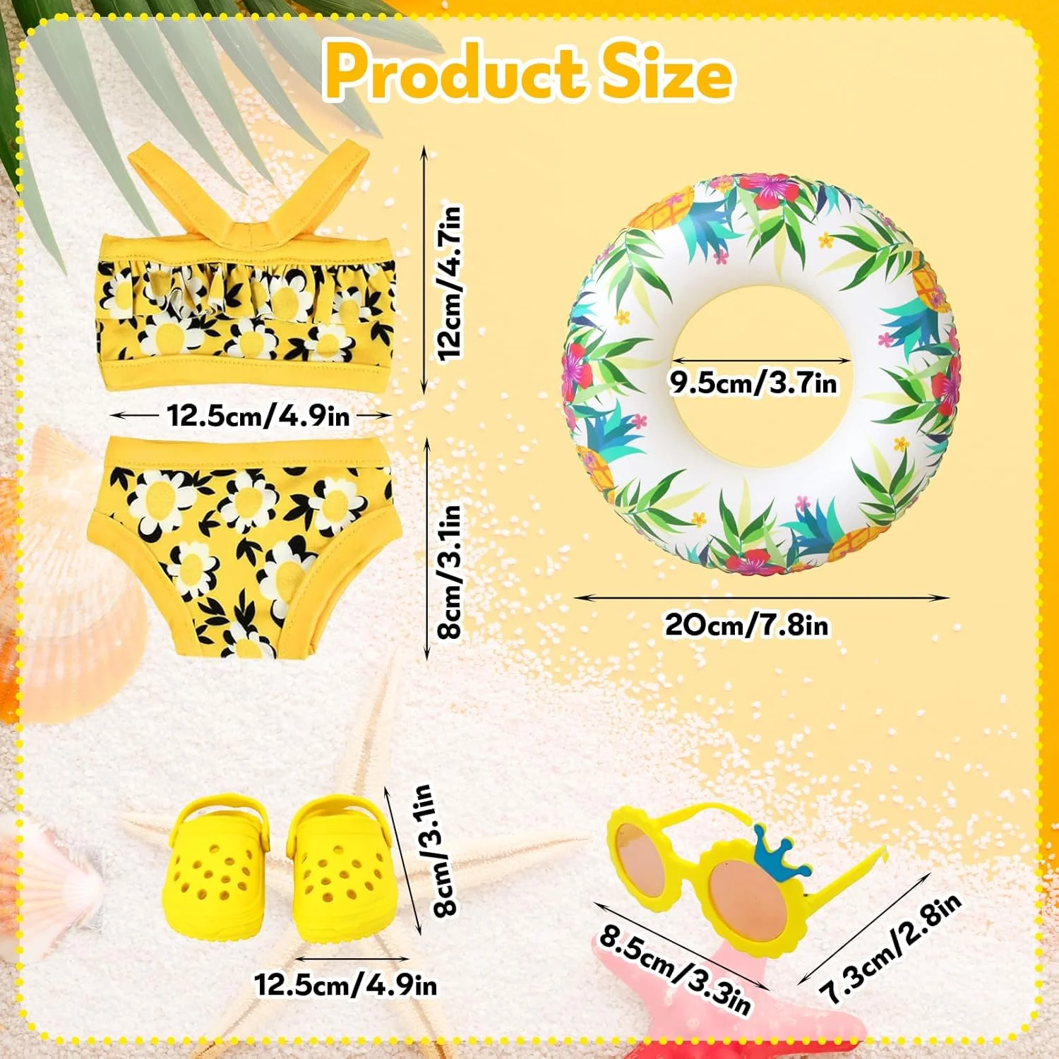 ست لباس شنای 4 تکه WanderGo برای عروسک ها، لباس عروسک، ست شنای تابستانی برای عروسک های 30-45 سانتی متری، لباس شنای زرد با طرح گل، حلقه شنا، عینک آفتابی، کفش های ساحلی، لوازم جانبی عروسک ست لباس شنای 4 تکه WanderGo برای عروسک ها، لباس عروسک، ست شنای تابستانی برای عروسک های 30-45 سانتی متری، لباس شنای زرد با طرح گل، حلقه شنا، عینک آفتابی، کفش های ساحلی، لوازم جانبی عروسک