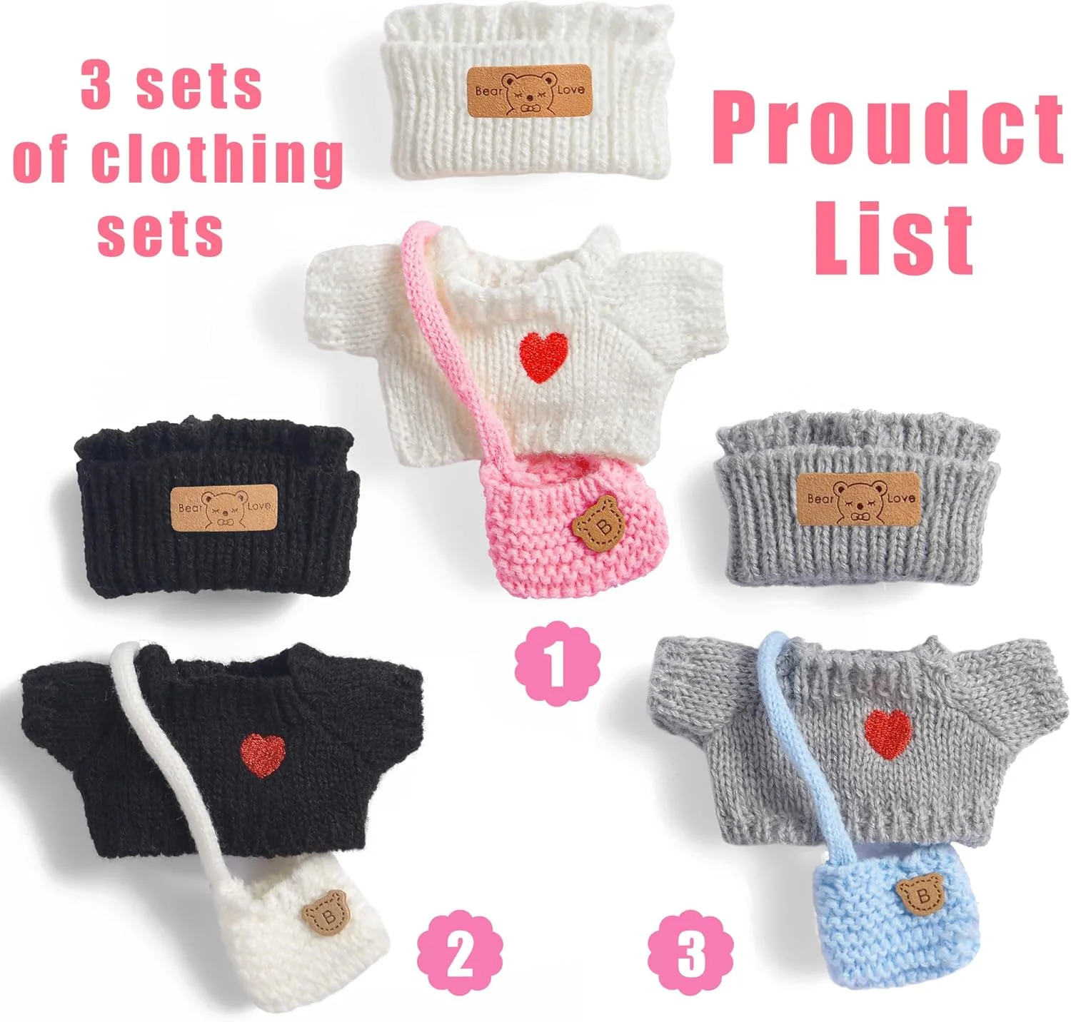 3 ست لباس بافتنی عروسک، ست لوازم جانبی برای عروسک های 17 سانتی متری شامل: 3 عدد ژاکت، 3 عدد کلاه، 3 عدد کیف (عروسک شامل نمی شود) 3 ست لباس بافتنی عروسک، ست لوازم جانبی برای عروسک های 17 سانتی متری شامل: 3 عدد ژاکت، 3 عدد کلاه، 3 عدد کیف (عروسک شامل نمی شود)