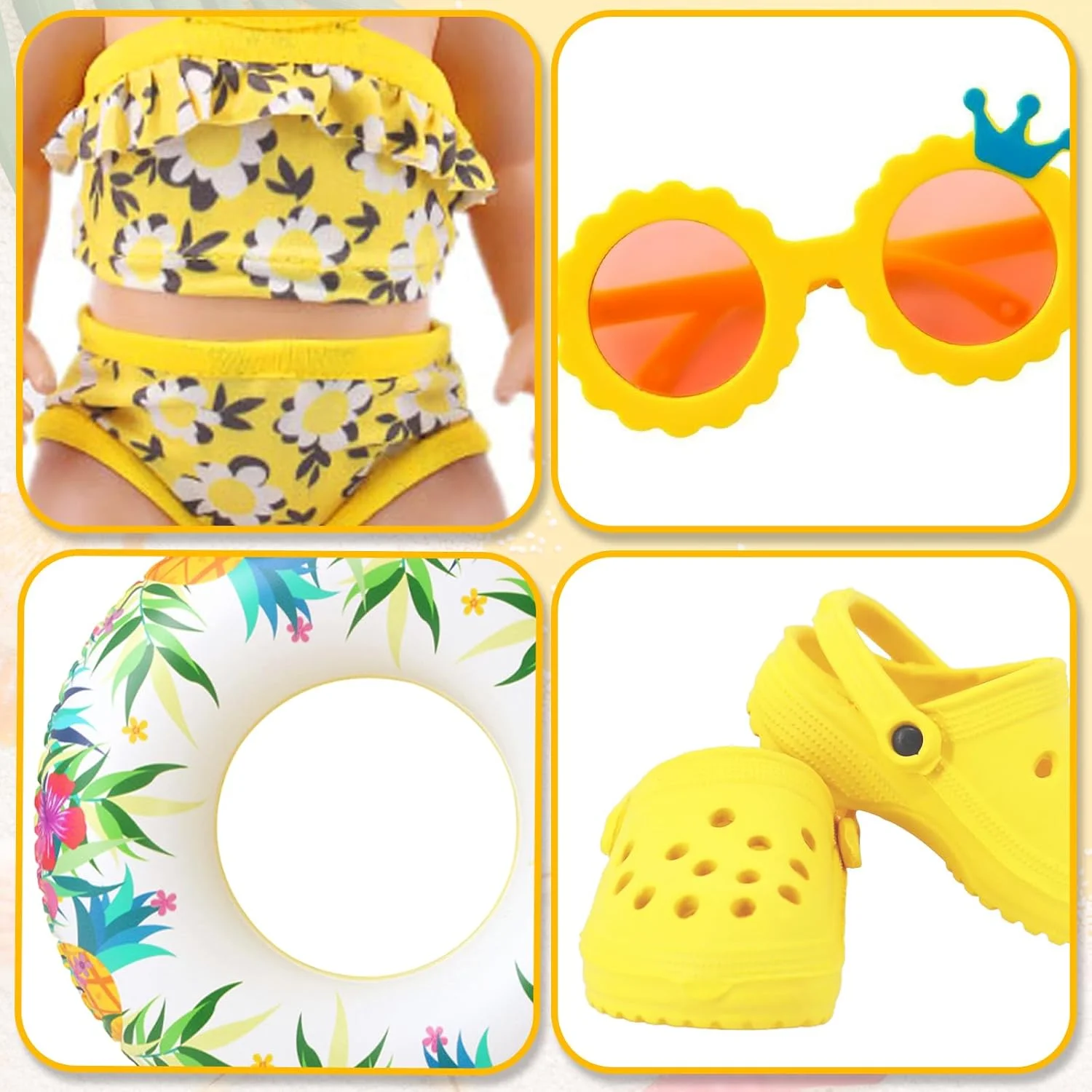 ست لباس شنای 4 تکه WanderGo برای عروسک ها، لباس عروسک، ست شنای تابستانی برای عروسک های 30-45 سانتی متری، لباس شنای زرد با طرح گل، حلقه شنا، عینک آفتابی، کفش های ساحلی، لوازم جانبی عروسک ست لباس شنای 4 تکه WanderGo برای عروسک ها، لباس عروسک، ست شنای تابستانی برای عروسک های 30-45 سانتی متری، لباس شنای زرد با طرح گل، حلقه شنا، عینک آفتابی، کفش های ساحلی، لوازم جانبی عروسک