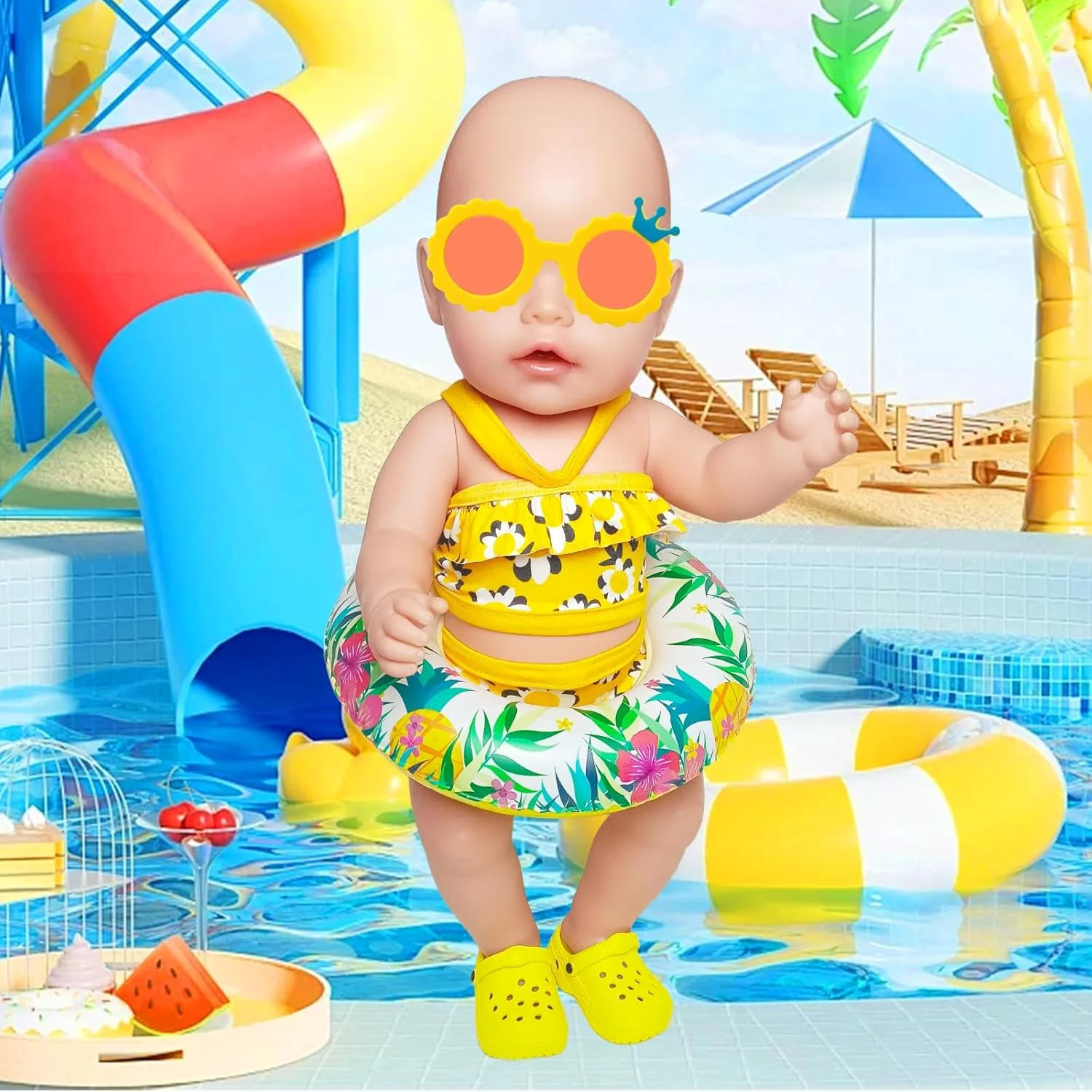 ست لباس شنای 4 تکه WanderGo برای عروسک ها، لباس عروسک، ست شنای تابستانی برای عروسک های 30-45 سانتی متری، لباس شنای زرد با طرح گل، حلقه شنا، عینک آفتابی، کفش های ساحلی، لوازم جانبی عروسک ست لباس شنای 4 تکه WanderGo برای عروسک ها، لباس عروسک، ست شنای تابستانی برای عروسک های 30-45 سانتی متری، لباس شنای زرد با طرح گل، حلقه شنا، عینک آفتابی، کفش های ساحلی، لوازم جانبی عروسک