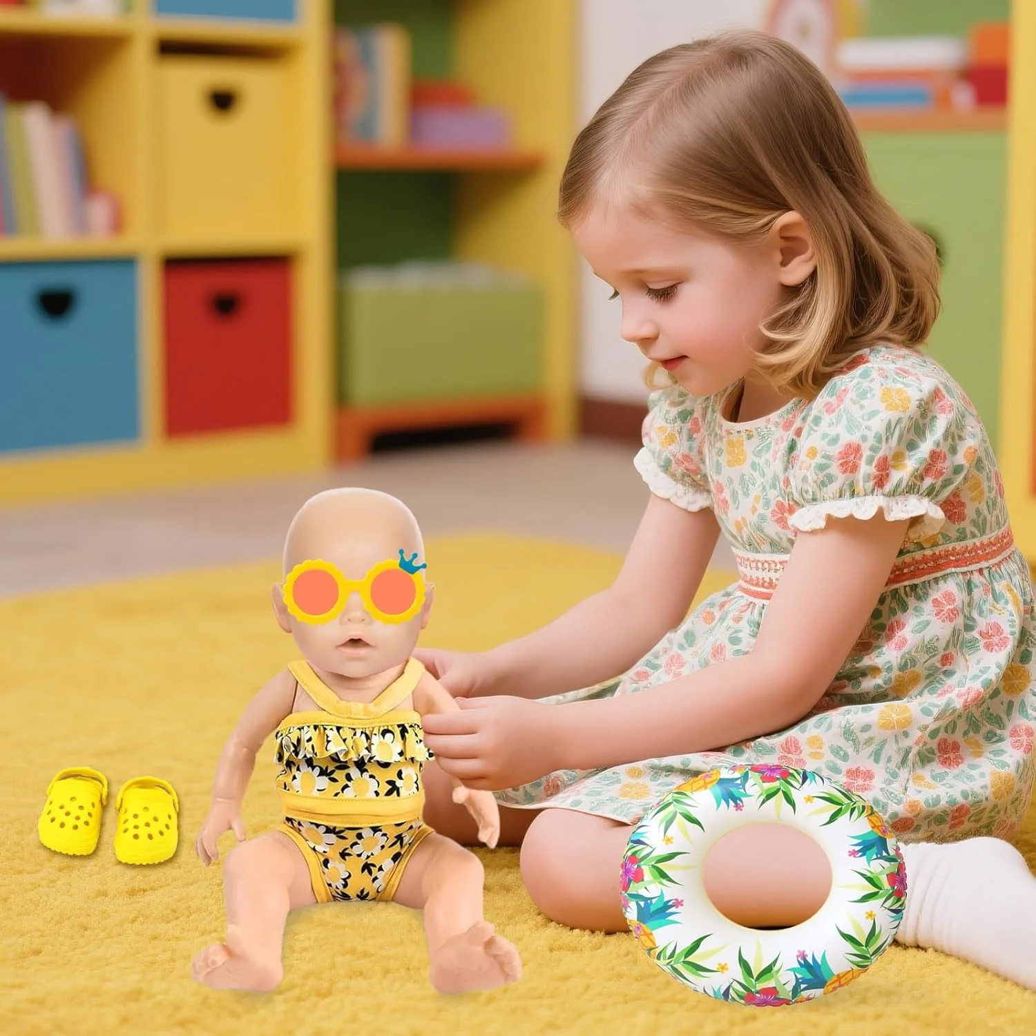 ست لباس شنای 4 تکه WanderGo برای عروسک ها، لباس عروسک، ست شنای تابستانی برای عروسک های 30-45 سانتی متری، لباس شنای زرد با طرح گل، حلقه شنا، عینک آفتابی، کفش های ساحلی، لوازم جانبی عروسک ست لباس شنای 4 تکه WanderGo برای عروسک ها، لباس عروسک، ست شنای تابستانی برای عروسک های 30-45 سانتی متری، لباس شنای زرد با طرح گل، حلقه شنا، عینک آفتابی، کفش های ساحلی، لوازم جانبی عروسک