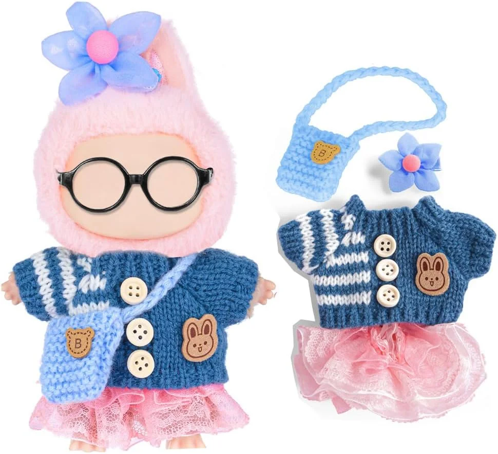ست لباس بافتنی عروسک مناسب برای عروسک های 17 سانتی متری شامل: ژاکت، گیره مو، کیف، لباس (عروسک و عینک شامل نمی شود)، آبی