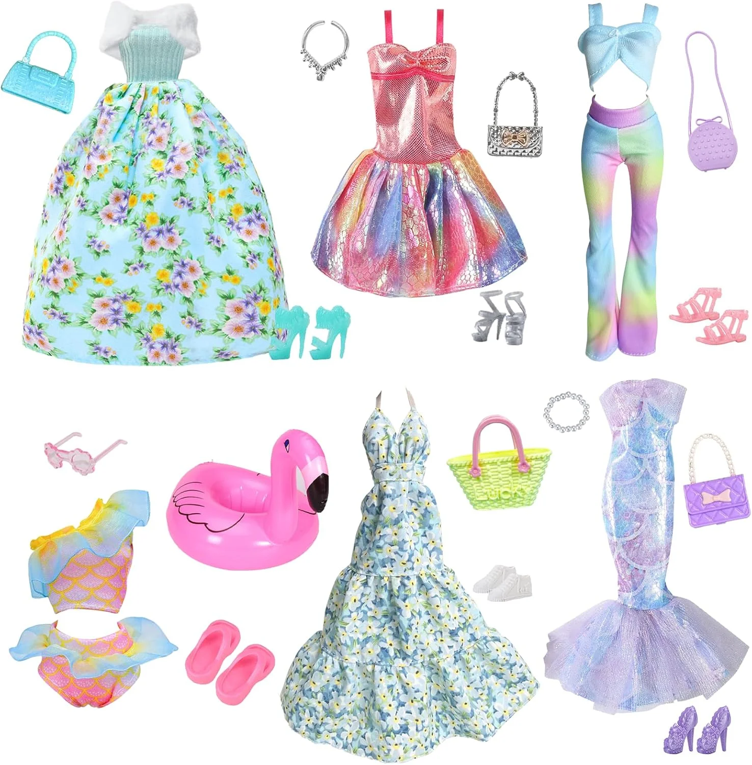 21 لباس، 1 دامن گل سبز، 1 لباس زیرپوش صورتی، 1 شلوار تاپ، 1 لباس گلدار با یقه آویز، 1 لباس پری دریایی، 1 مایو برای عروسک های 11.5 اینچی، هدیه