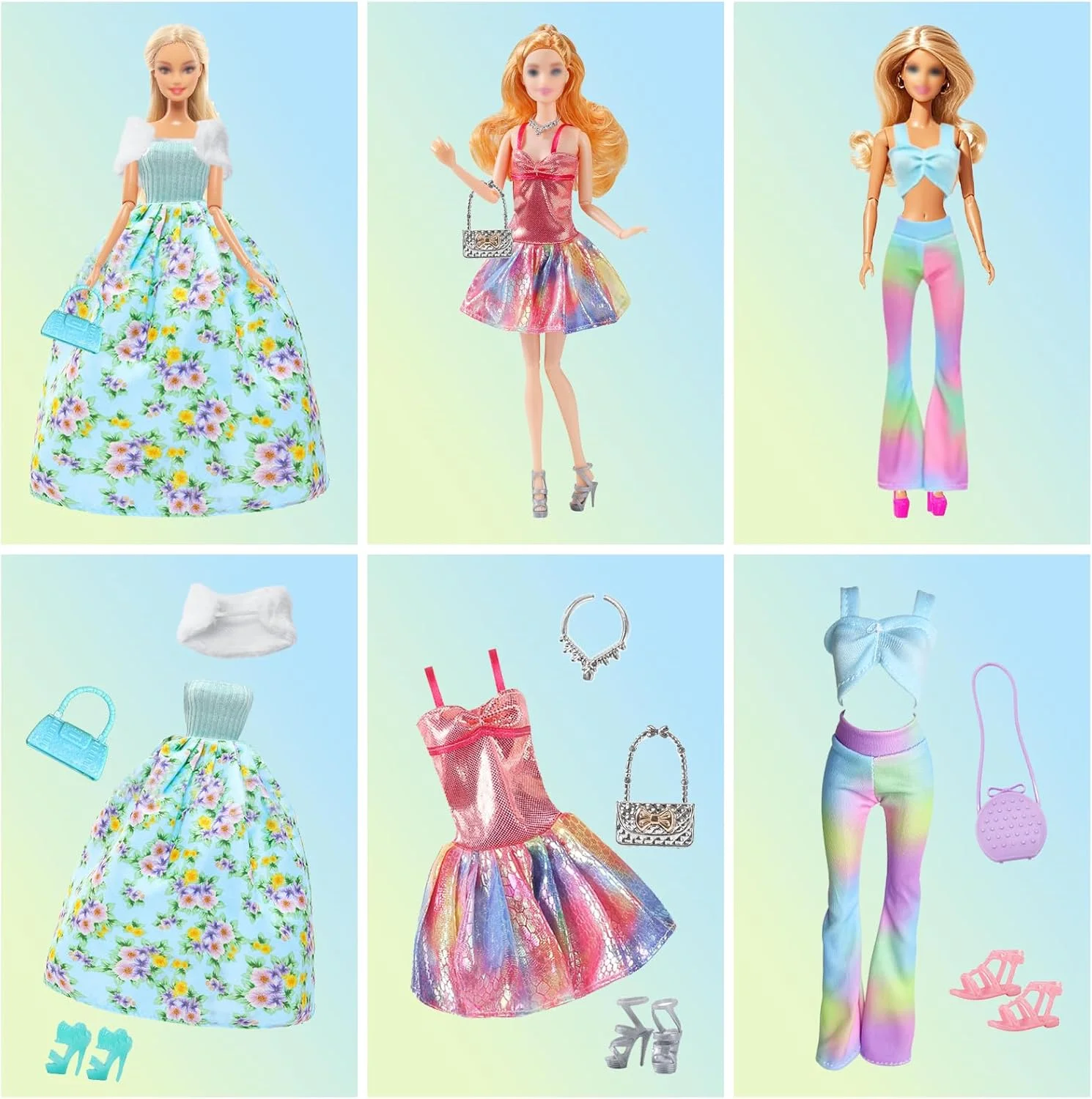 21 لباس، 1 دامن گل سبز، 1 لباس زیرپوش صورتی، 1 شلوار تاپ، 1 لباس گلدار با یقه آویز، 1 لباس پری دریایی، 1 مایو برای عروسک های 11.5 اینچی، هدیه 21 لباس، 1 دامن گل سبز، 1 لباس زیرپوش صورتی، 1 شلوار تاپ، 1 لباس گلدار با یقه آویز، 1 لباس پری دریایی، 1 مایو برای عروسک های 11.5 اینچی، هدیه