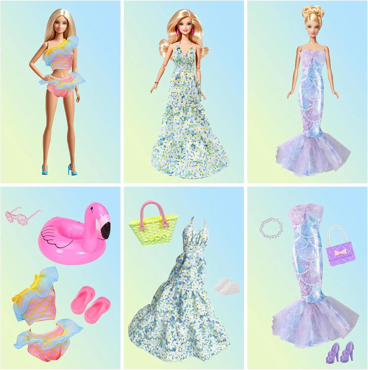 21 لباس، 1 دامن گل سبز، 1 لباس زیرپوش صورتی، 1 شلوار تاپ، 1 لباس گلدار با یقه آویز، 1 لباس پری دریایی، 1 مایو برای عروسک های 11.5 اینچی، هدیه 21 لباس، 1 دامن گل سبز، 1 لباس زیرپوش صورتی، 1 شلوار تاپ، 1 لباس گلدار با یقه آویز، 1 لباس پری دریایی، 1 مایو برای عروسک های 11.5 اینچی، هدیه