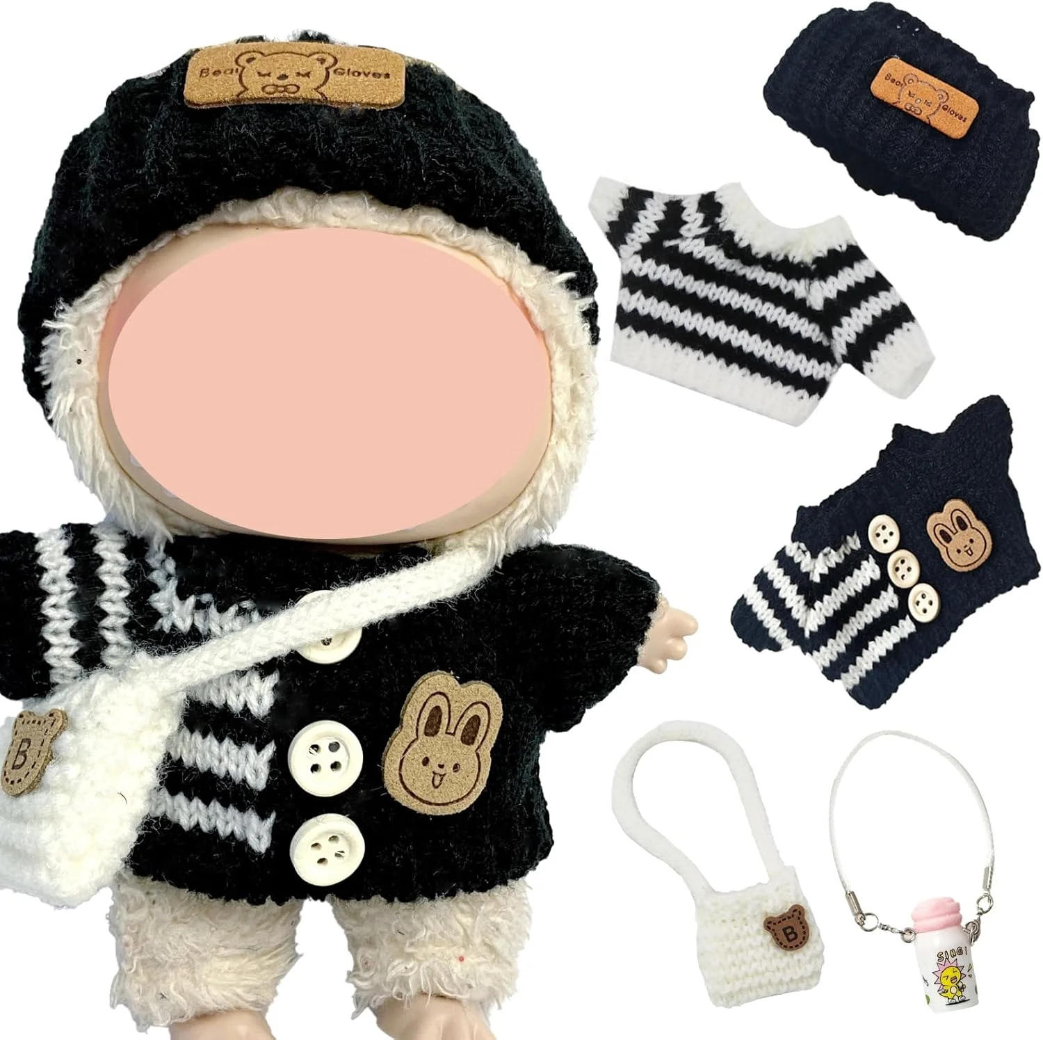 بسته 5 عددی لباس عروسک، لباس برای عروسک 17 سانتی متری، پولیشی با کلاه، پلیور، کوله پشتی برای پسران و دختران، هدیه (بدون عروسک)