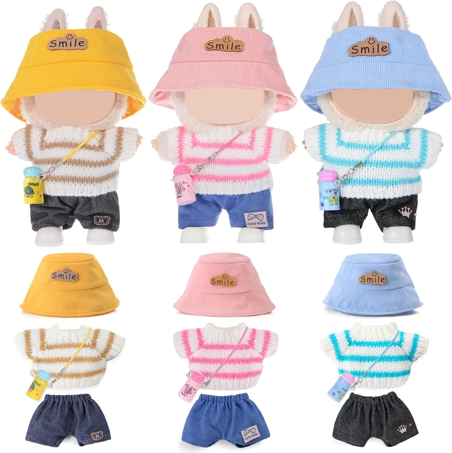 dollbie مجموعه 3 عددی لباس بافتنی عروسک، لباس و لوازم جانبی برای عروسک های 17 سانتی متری شامل: 3 کلاه، 3 تاپ، 3 شلوار، 3 کیف (عروسک شامل نمی شود)