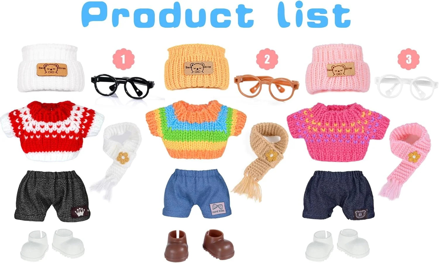 dollbie مجموعه 3 عددی لباس و لوازم جانبی بافتنی عروسک برای عروسک های 17 سانتی متری شامل: 3 کلاه، 3 ژاکت، 3 شلوار، 3 شال گردن، 3 کفش و 3 عینک (عروسک شامل نمی شود) dollbie مجموعه 3 عددی لباس و لوازم جانبی بافتنی عروسک برای عروسک های 17 سانتی متری شامل: 3 کلاه، 3 ژاکت، 3 شلوار، 3 شال گردن، 3 کفش و 3 عینک (عروسک شامل نمی شود)