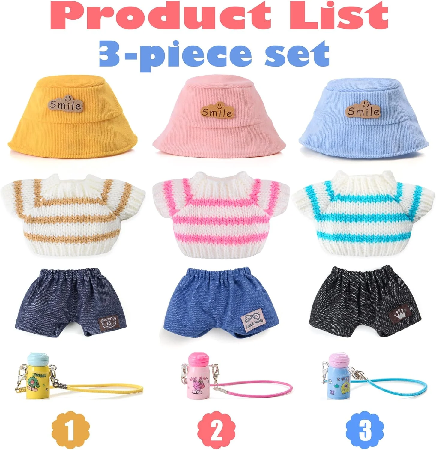 dollbie مجموعه 3 عددی لباس بافتنی عروسک، لباس و لوازم جانبی برای عروسک های 17 سانتی متری شامل: 3 کلاه، 3 تاپ، 3 شلوار، 3 کیف (عروسک شامل نمی شود) dollbie مجموعه 3 عددی لباس بافتنی عروسک، لباس و لوازم جانبی برای عروسک های 17 سانتی متری شامل: 3 کلاه، 3 تاپ، 3 شلوار، 3 کیف (عروسک شامل نمی شود)