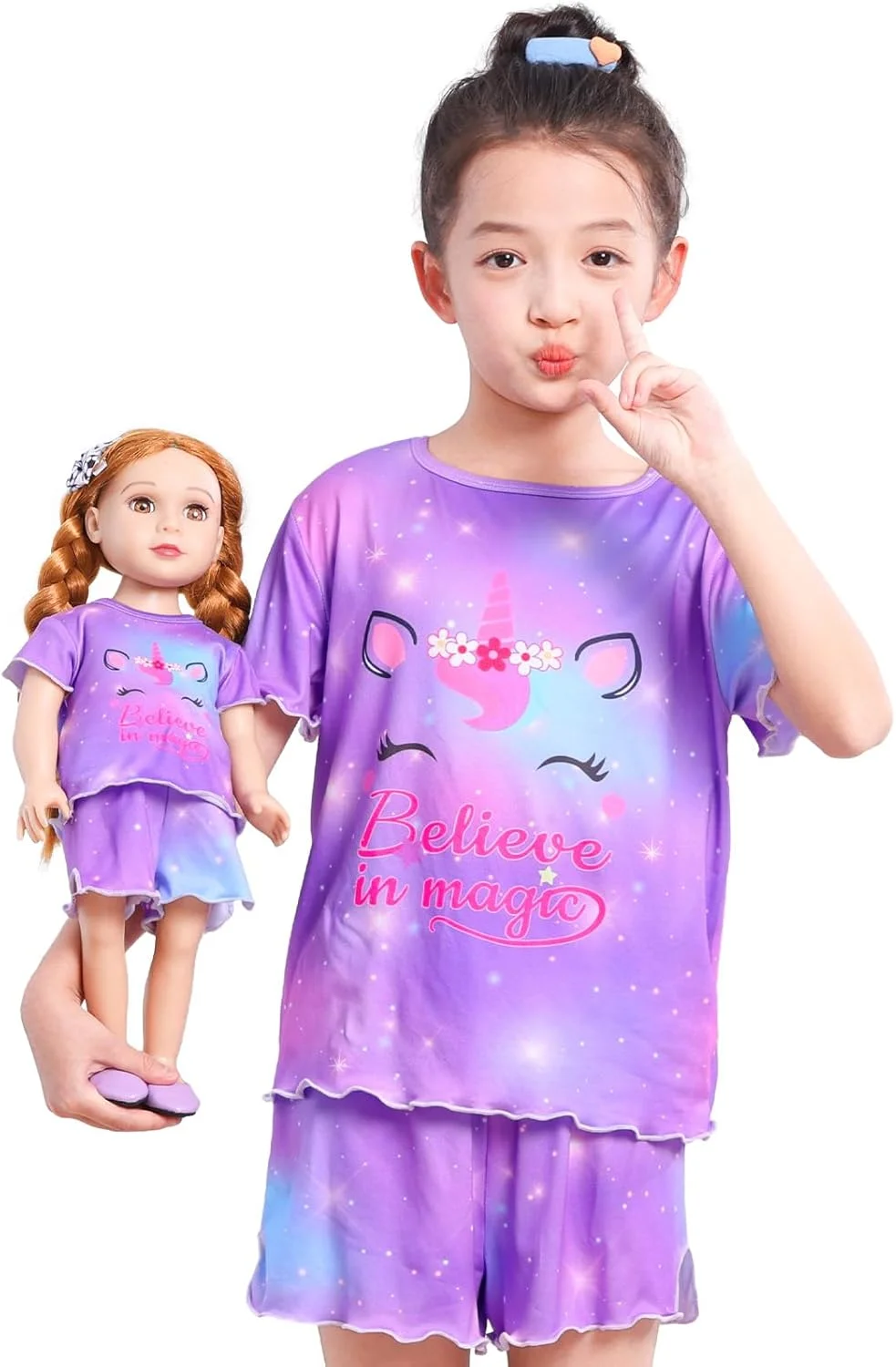 ست لباس خواب دخترانه و عروسکی ایکوزی 2 تکه، تاپ و شورت لباس خواب بچه گانه برای عروسک 18 اینچی دخترانه