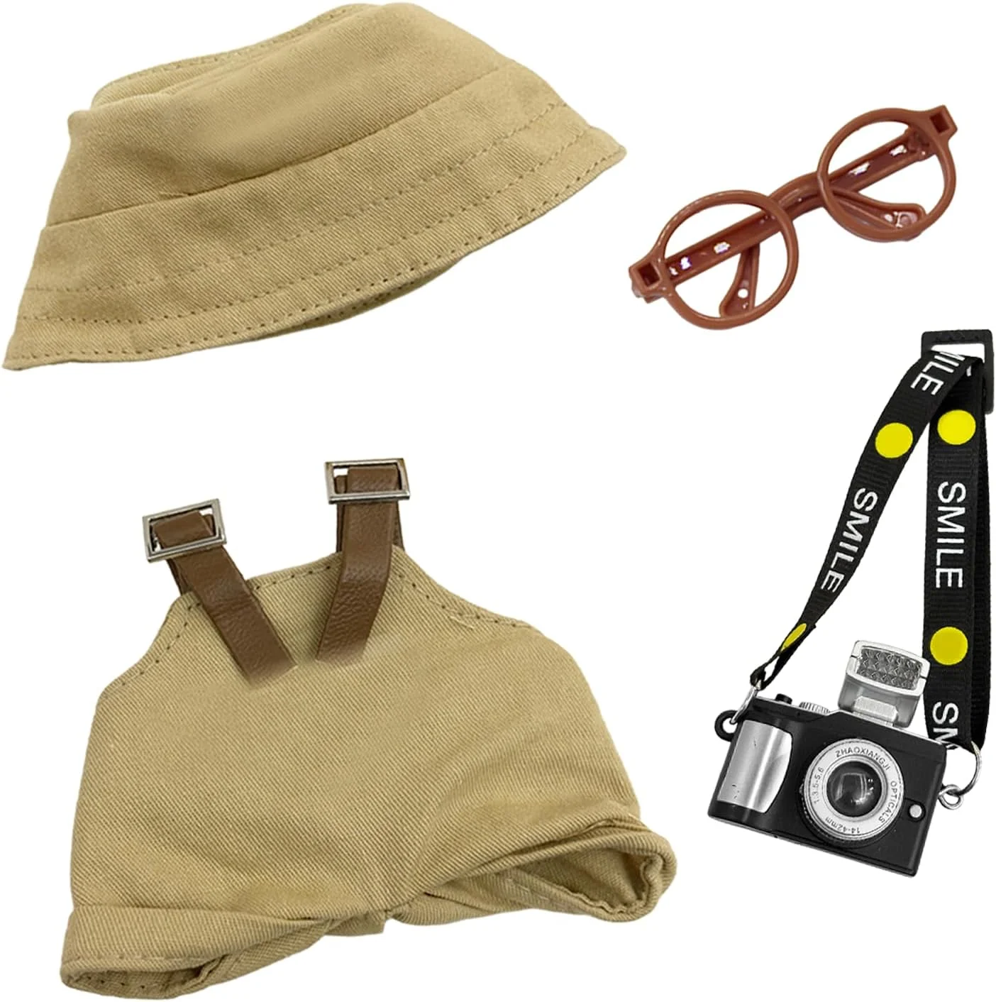 Carreuty ست 3 تکه لباس عروسک برای عروسک های پولیشی 17 سانتی متری، شامل 1 لگ، 1 کلاه ماهیگیری، 1 دوربین، 1 عینک برای عروسک ها، لباس ممتاز، هدیه تولد و تعطیلات برای دختران و کودکان (بدون عروسک) قهوه ای