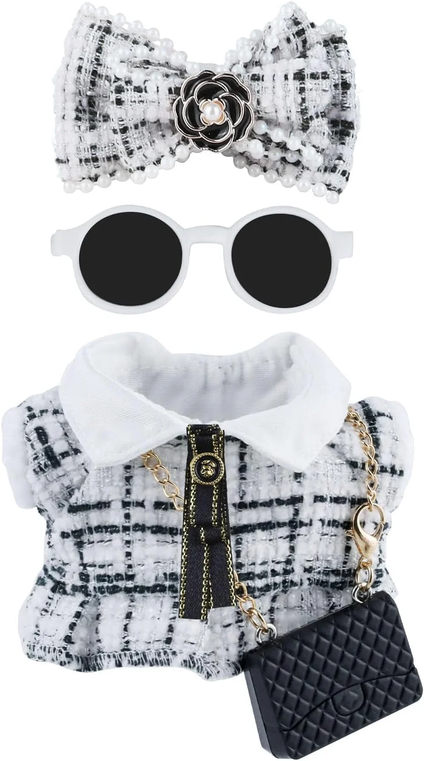 لباس عروسک Muomdid برای لابوبو (بدون عروسک) لباس های سفید 15 سانتی متری برای عروسک های لابوبو، لباس مشکی شیک، هدبند، پاپیون، عینک و کیف، لوازم جانبی لباس نفیس سازگار با لابوبو