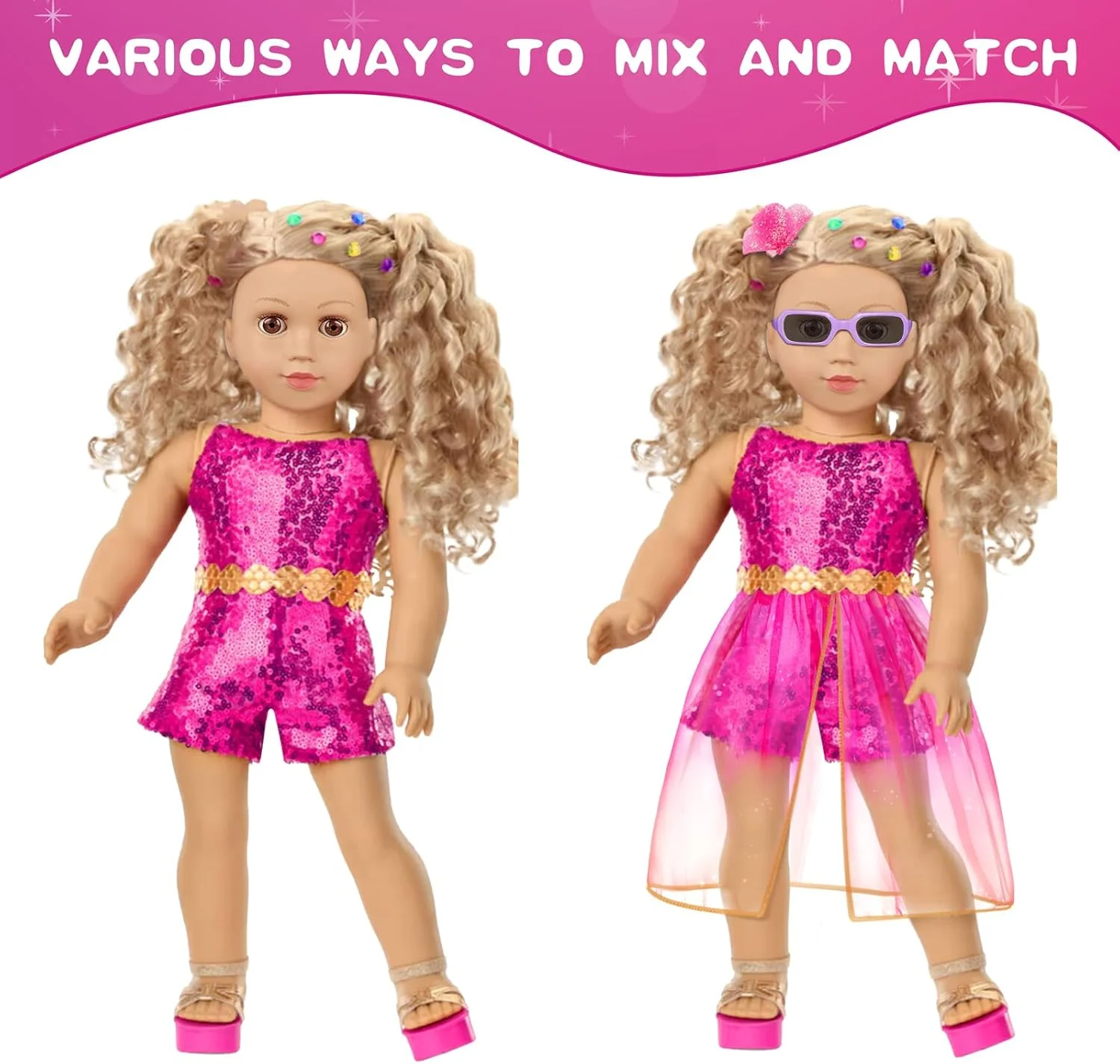 ست لباس و لوازم آرایش عروسک 18 اینچی آمریکایی، شامل جامپسوت 2 تکه عروسک، دامن توری، کمربند، استیکر، گیره مو، دستبند، سایه چشم، رژ لب، رژگونه، عینک آفتابی (بدون عروسک و کفش) ست لباس و لوازم آرایش عروسک 18 اینچی آمریکایی، شامل جامپسوت 2 تکه عروسک، دامن توری، کمربند، استیکر، گیره مو، دستبند، سایه چشم، رژ لب، رژگونه، عینک آفتابی (بدون عروسک و کفش)