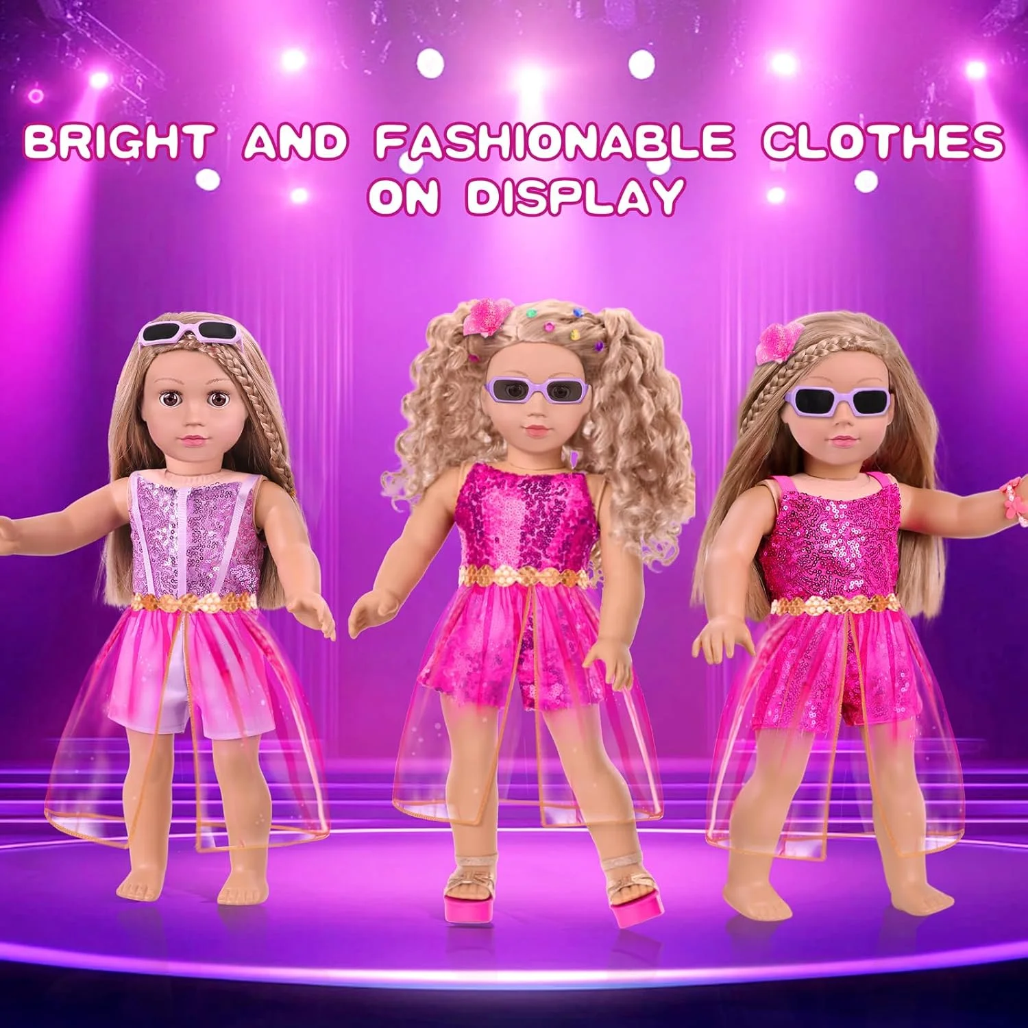 ست لباس و لوازم آرایش عروسک 18 اینچی آمریکایی، شامل جامپسوت 2 تکه عروسک، دامن توری، کمربند، استیکر، گیره مو، دستبند، سایه چشم، رژ لب، رژگونه، عینک آفتابی (بدون عروسک و کفش) ست لباس و لوازم آرایش عروسک 18 اینچی آمریکایی، شامل جامپسوت 2 تکه عروسک، دامن توری، کمربند، استیکر، گیره مو، دستبند، سایه چشم، رژ لب، رژگونه، عینک آفتابی (بدون عروسک و کفش)