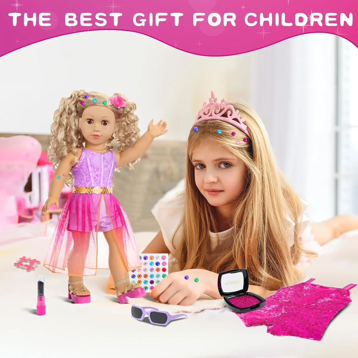 ست لباس و لوازم آرایش عروسک 18 اینچی آمریکایی، شامل جامپسوت 2 تکه عروسک، دامن توری، کمربند، استیکر، گیره مو، دستبند، سایه چشم، رژ لب، رژگونه، عینک آفتابی (بدون عروسک و کفش) ست لباس و لوازم آرایش عروسک 18 اینچی آمریکایی، شامل جامپسوت 2 تکه عروسک، دامن توری، کمربند، استیکر، گیره مو، دستبند، سایه چشم، رژ لب، رژگونه، عینک آفتابی (بدون عروسک و کفش)