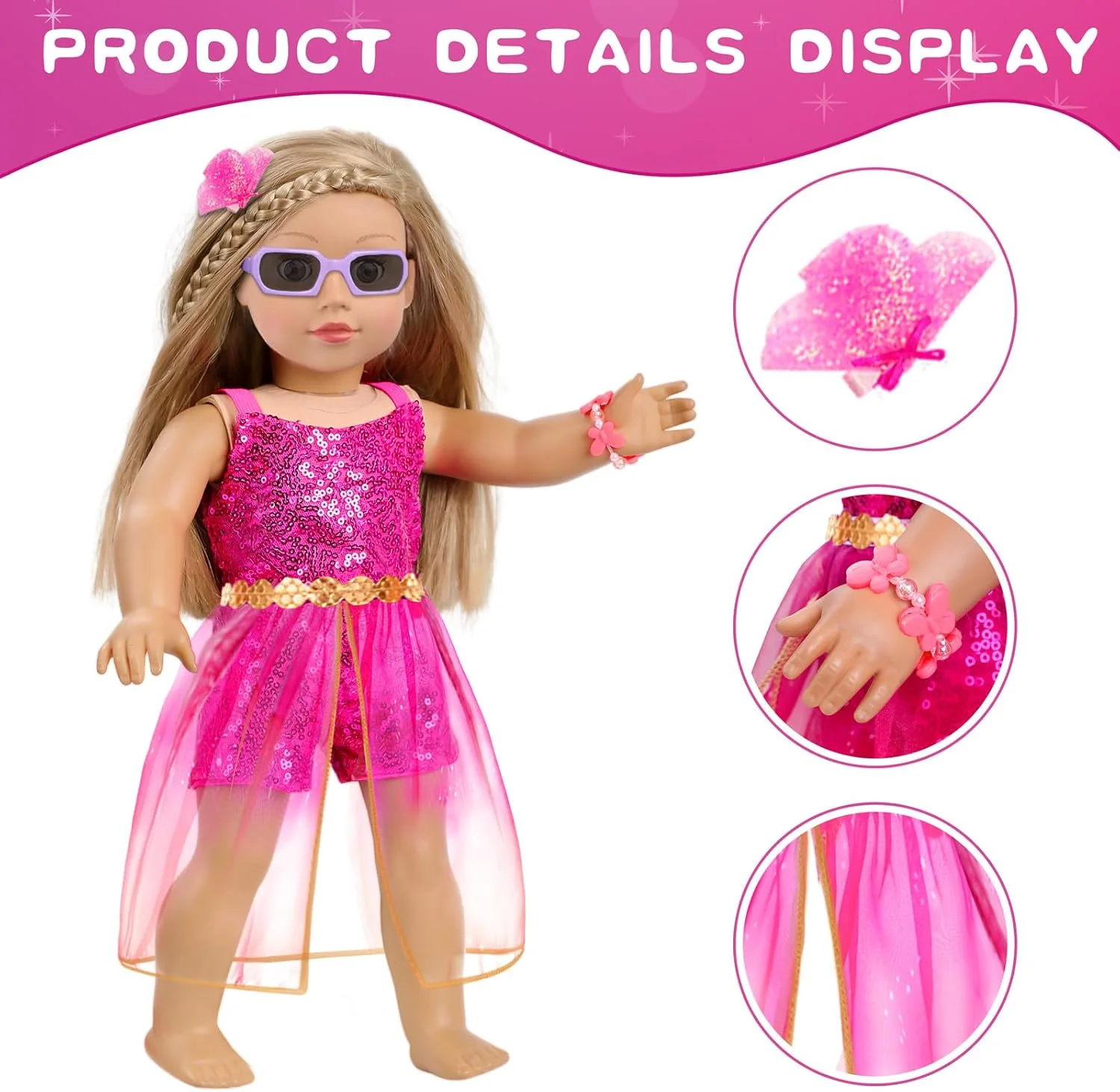 ست لباس و لوازم آرایش عروسک 18 اینچی آمریکایی، شامل جامپسوت 2 تکه عروسک، دامن توری، کمربند، استیکر، گیره مو، دستبند، سایه چشم، رژ لب، رژگونه، عینک آفتابی (بدون عروسک و کفش) ست لباس و لوازم آرایش عروسک 18 اینچی آمریکایی، شامل جامپسوت 2 تکه عروسک، دامن توری، کمربند، استیکر، گیره مو، دستبند، سایه چشم، رژ لب، رژگونه، عینک آفتابی (بدون عروسک و کفش)