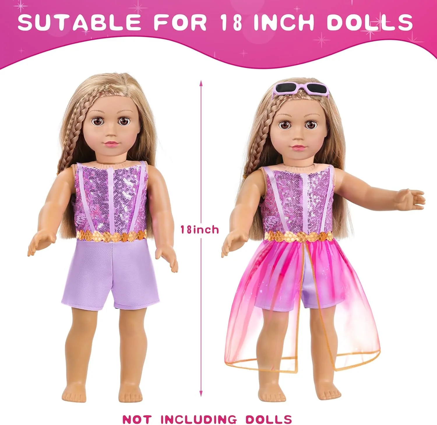 ست لباس و لوازم آرایش عروسک 18 اینچی آمریکایی، شامل جامپسوت 2 تکه عروسک، دامن توری، کمربند، استیکر، گیره مو، دستبند، سایه چشم، رژ لب، رژگونه، عینک آفتابی (بدون عروسک و کفش) ست لباس و لوازم آرایش عروسک 18 اینچی آمریکایی، شامل جامپسوت 2 تکه عروسک، دامن توری، کمربند، استیکر، گیره مو، دستبند، سایه چشم، رژ لب، رژگونه، عینک آفتابی (بدون عروسک و کفش)