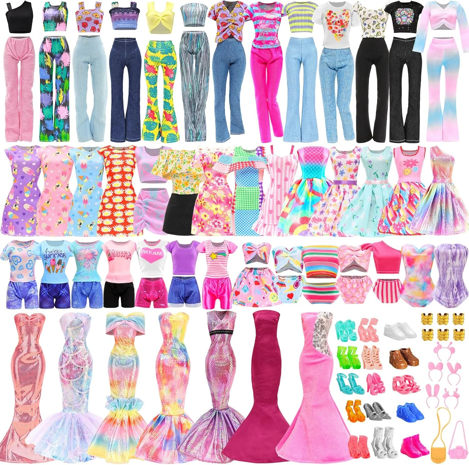 43 تکه لباس و لوازم جانبی عروسک شامل 2 لباس شب، 5 لباس مد، 5 تاپ، 5 شلوار، لباس های خنک، 3 لباس شنا با 15 جفت کفش و 13 لوازم جانبی برای ست لباس عروسک های دخترانه 11.5 اینچی