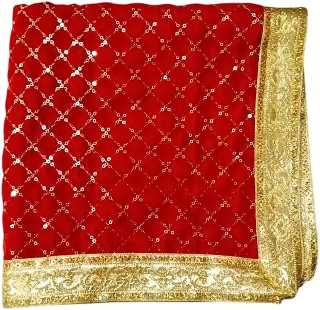 DAUJI ENTERPRISES | مخمل قرمز Puja Aasan/Mat | گلدوزی شده با پولک و حاشیه Brocade طلایی | 45.72x45.72 سانتی متر | دو لایه برای چوکی، مندیر و قرار دادن کالاش (ست 2 عددی) DAUJI ENTERPRISES | مخمل قرمز Puja Aasan/Mat | گلدوزی شده با پولک و حاشیه Brocade طلایی | 45.72x45.72 سانتی متر | دو لایه برای چوکی، مندیر و قرار دادن کالاش (ست 2 عددی)