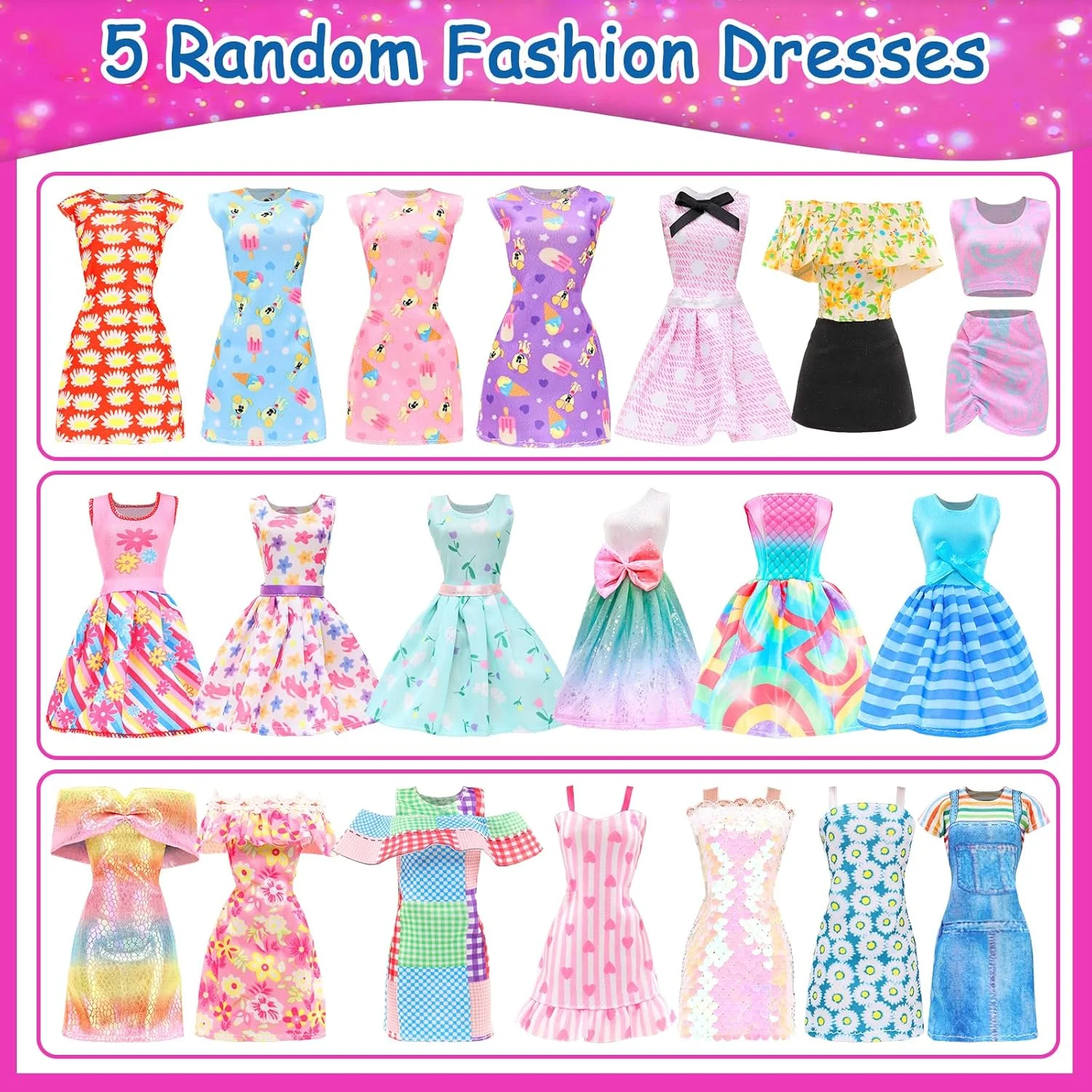 43 تکه لباس و لوازم جانبی عروسک شامل 2 لباس شب، 5 لباس مد، 5 تاپ، 5 شلوار، لباس های خنک، 3 لباس شنا با 15 جفت کفش و 13 لوازم جانبی برای ست لباس عروسک های دخترانه 11.5 اینچی