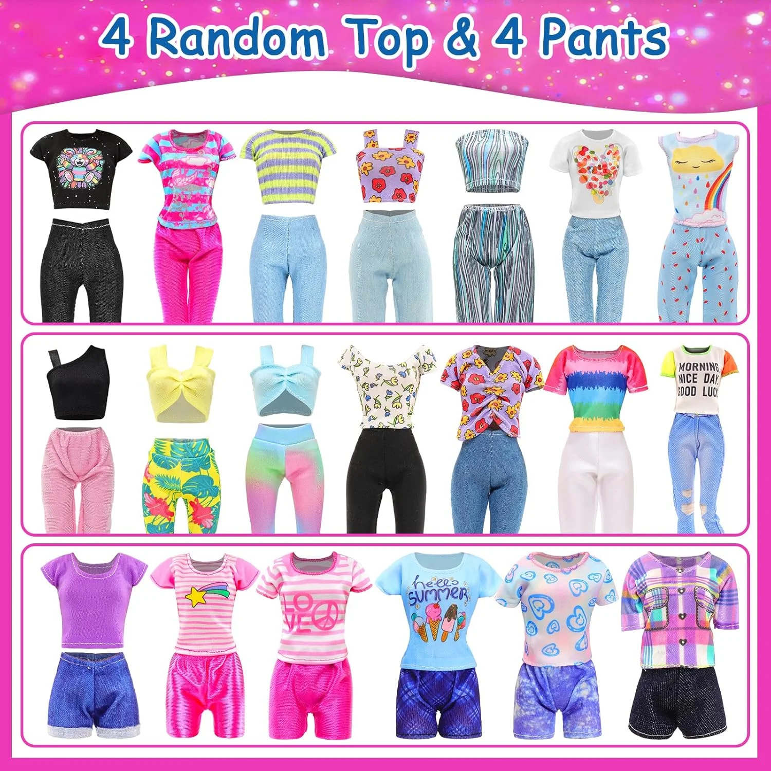 43 تکه لباس و لوازم جانبی عروسک شامل 2 لباس شب، 5 لباس مد، 5 تاپ، 5 شلوار، لباس های خنک، 3 لباس شنا با 15 جفت کفش و 13 لوازم جانبی برای ست لباس عروسک های دخترانه 11.5 اینچی