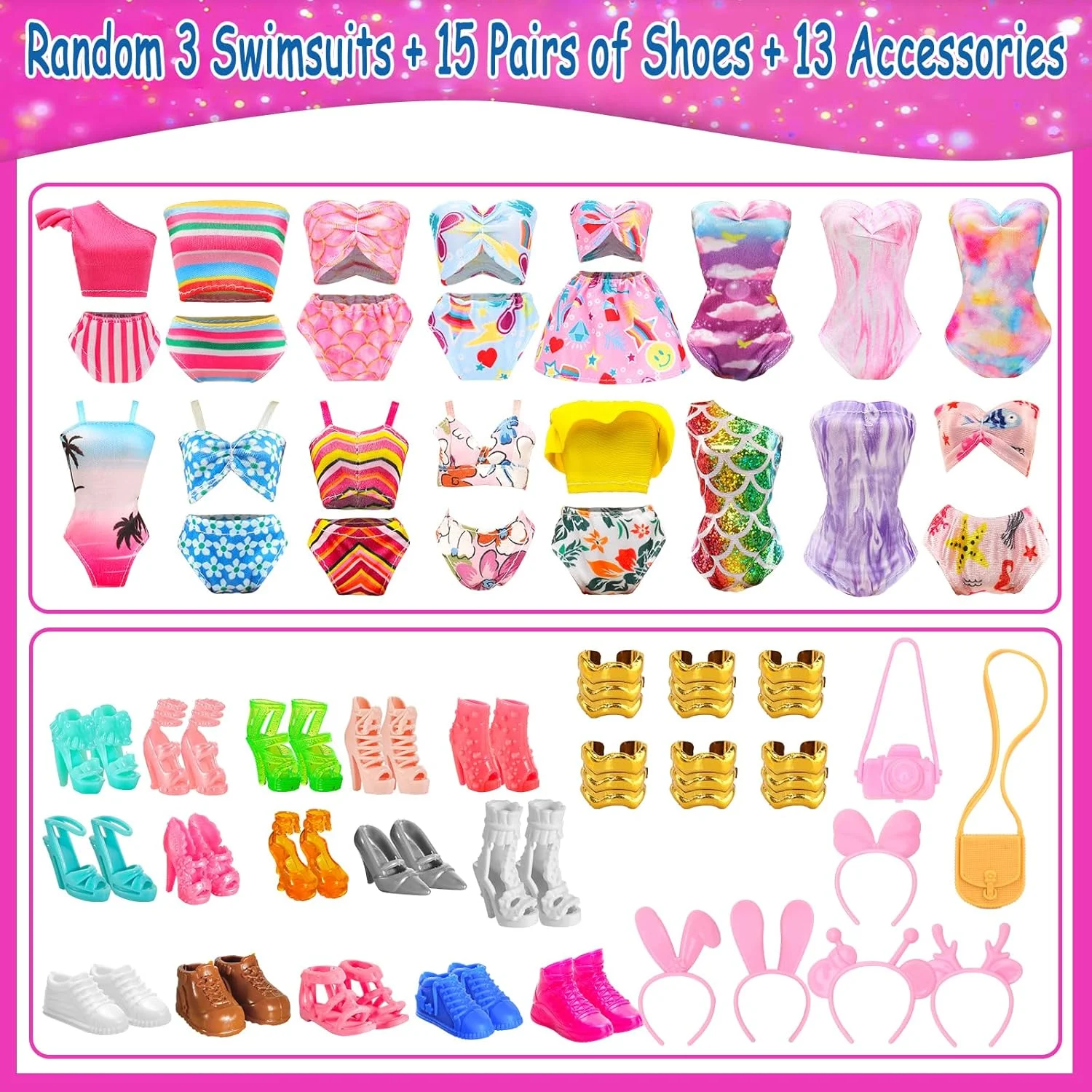 43 تکه لباس و لوازم جانبی عروسک شامل 2 لباس شب، 5 لباس مد، 5 تاپ، 5 شلوار، لباس های خنک، 3 لباس شنا با 15 جفت کفش و 13 لوازم جانبی برای ست لباس عروسک های دخترانه 11.5 اینچی